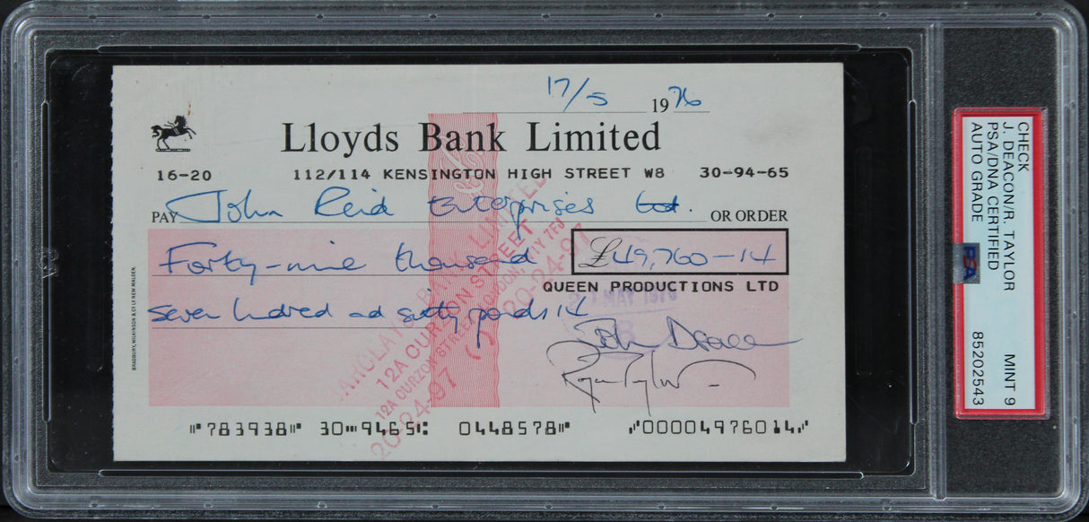 Queen (4) Mercury, May, Deacon, Taylor Signed 1976 Bank Set Of 3 Checks PSA Slab