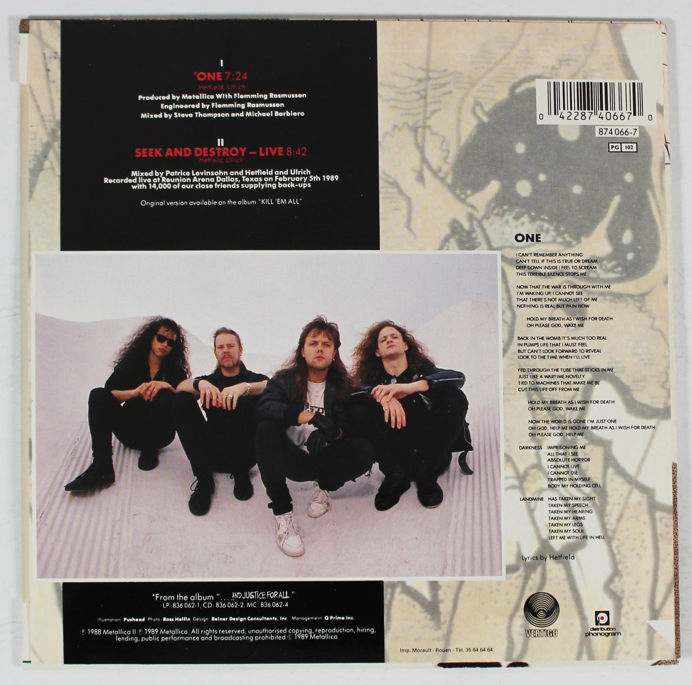 Metallica (4) Hetfield, Ulrich, Hammett +1 Signed One 45 RPM Album Cover BAS