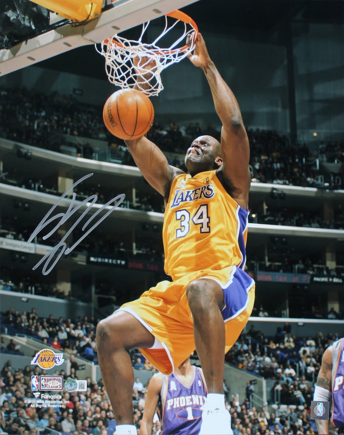 Lakers Shaquille O'Neal Signed 16x20 Vertical Dunk Photo Vs Suns BAS Witnessed