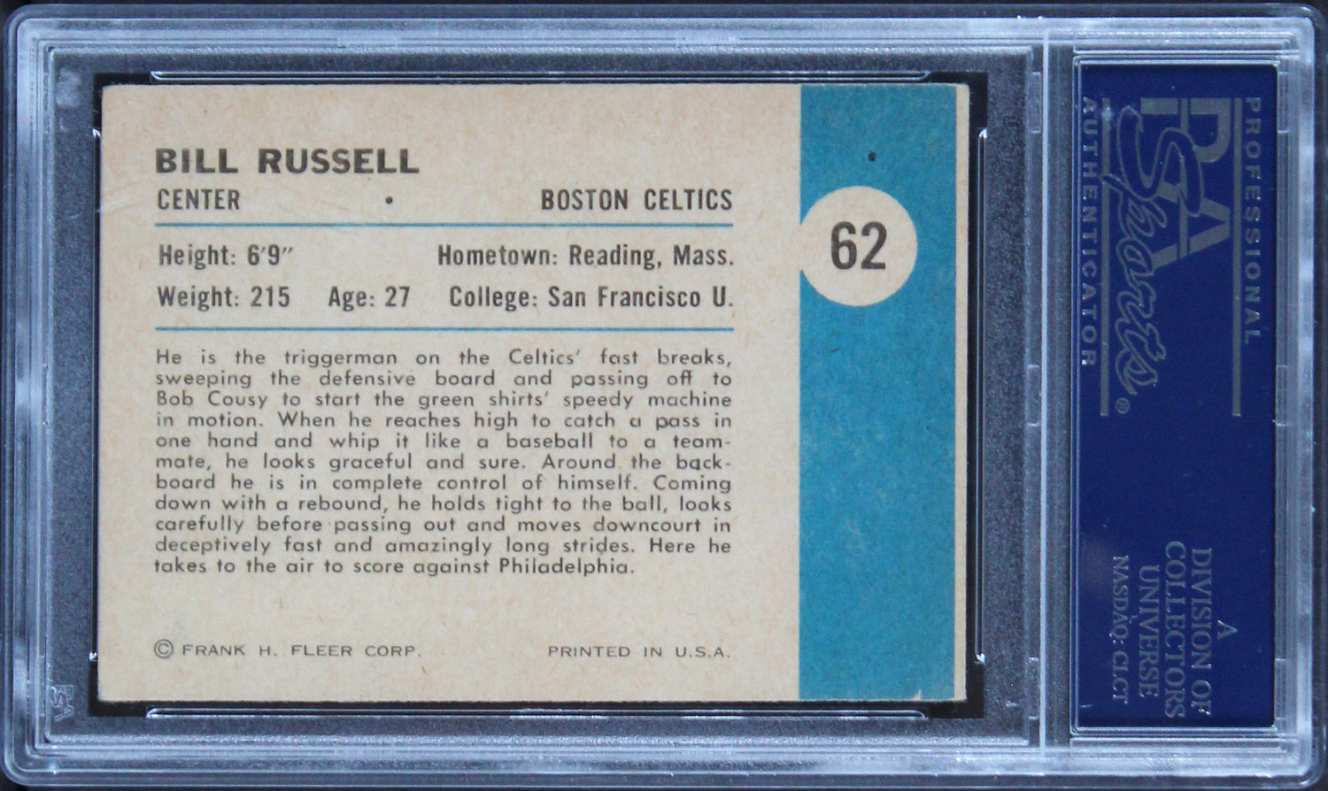 Celtics Bill Russell Authentic Signed 1961 Fleer #62 Card PSA/DNA Slabbed