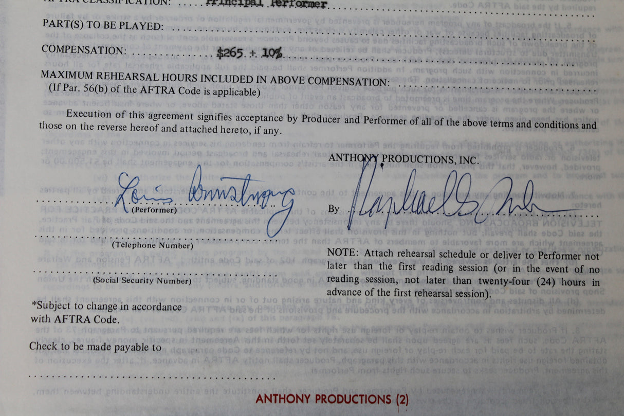 Louis Armstrong Signed 8.5x11 1970 Merv Griffin Show Contract BAS #AC33272