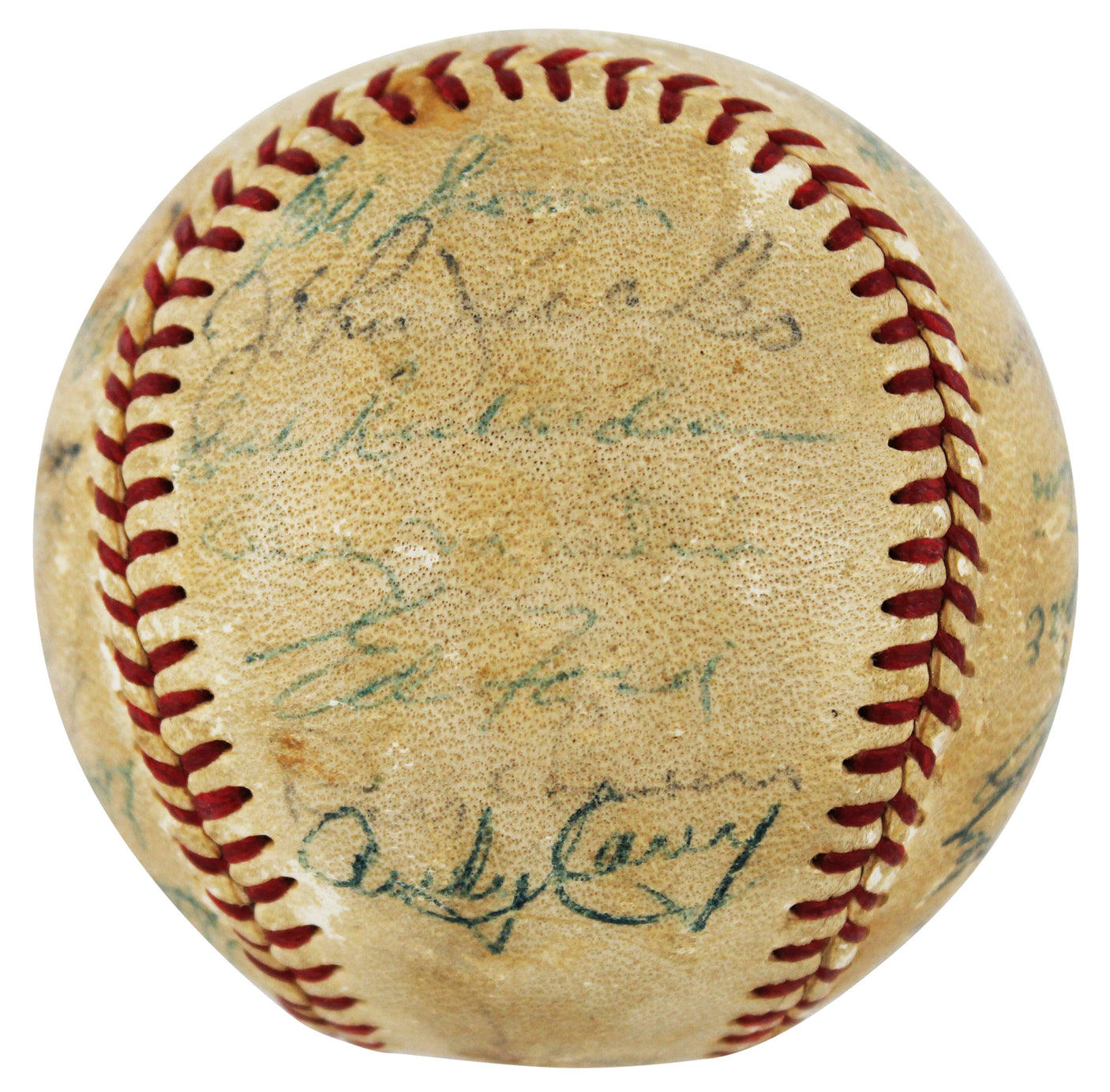1955 Yankees (29) Mickey Mantle, Phil Rizzuto, Yogi Berra & Ed Ford Signed Baseball PSA #Q04470