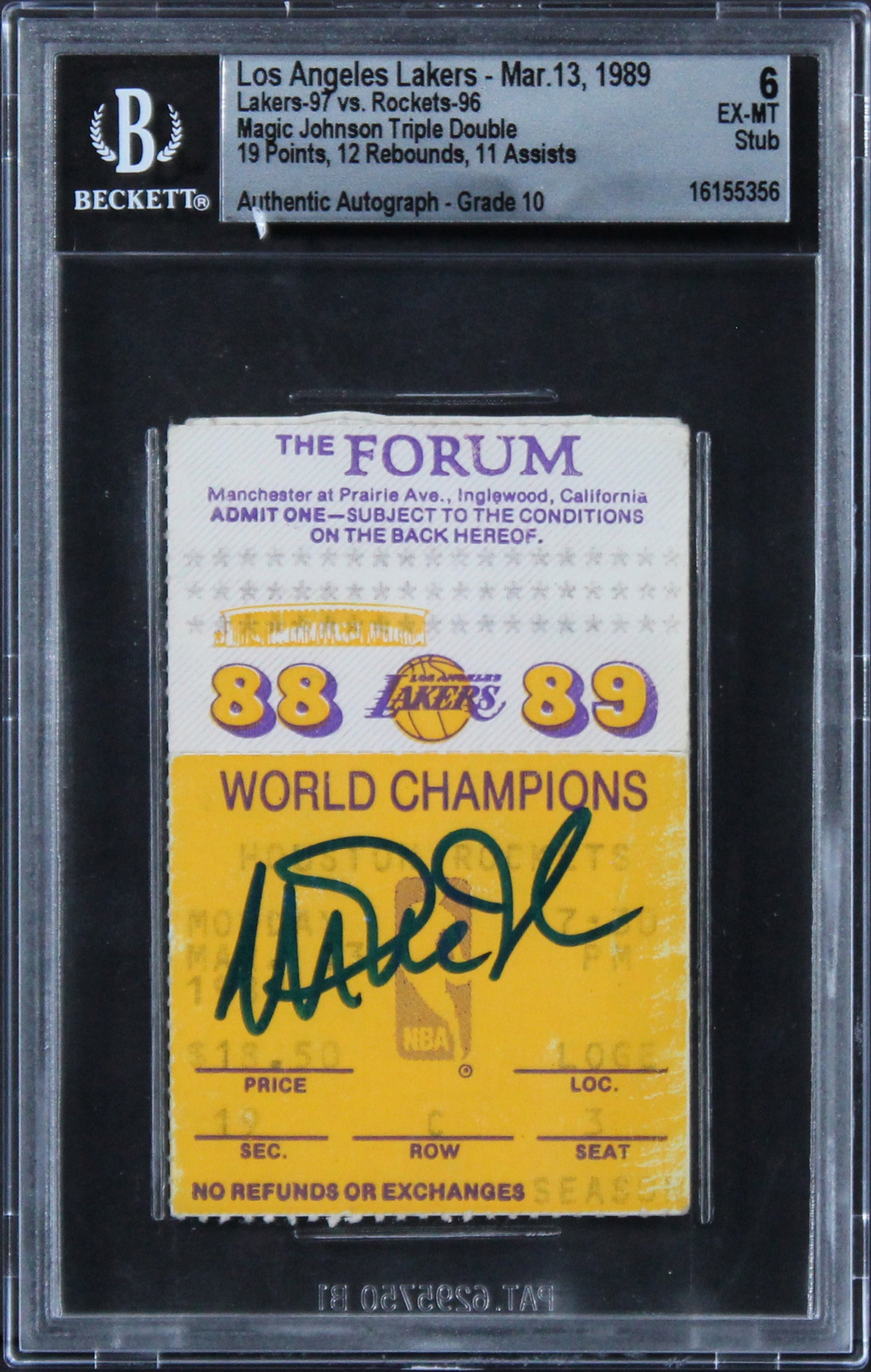 Magic Johnson Signed 3/13/89 LAL Vs HOU Ticket EX-MT 6, Auto 10! BAS Slabbed