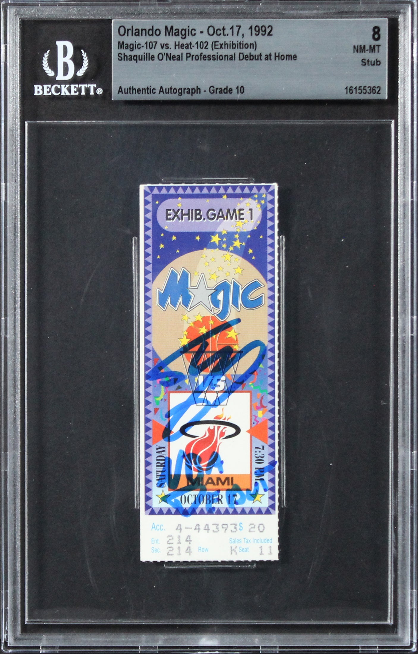 Magic Shaquille O'Neal "NBA Debut" Signed 1992 Ticket NM-MT 8 Auto 10 BAS Slab