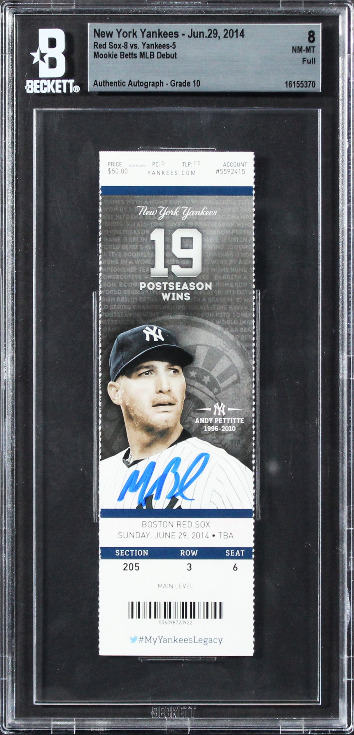 Red Sox Mookie Betts Signed 6/29/14 MLB Debut Ticket NM-MT 8 Auto 10 BAS Slabbed