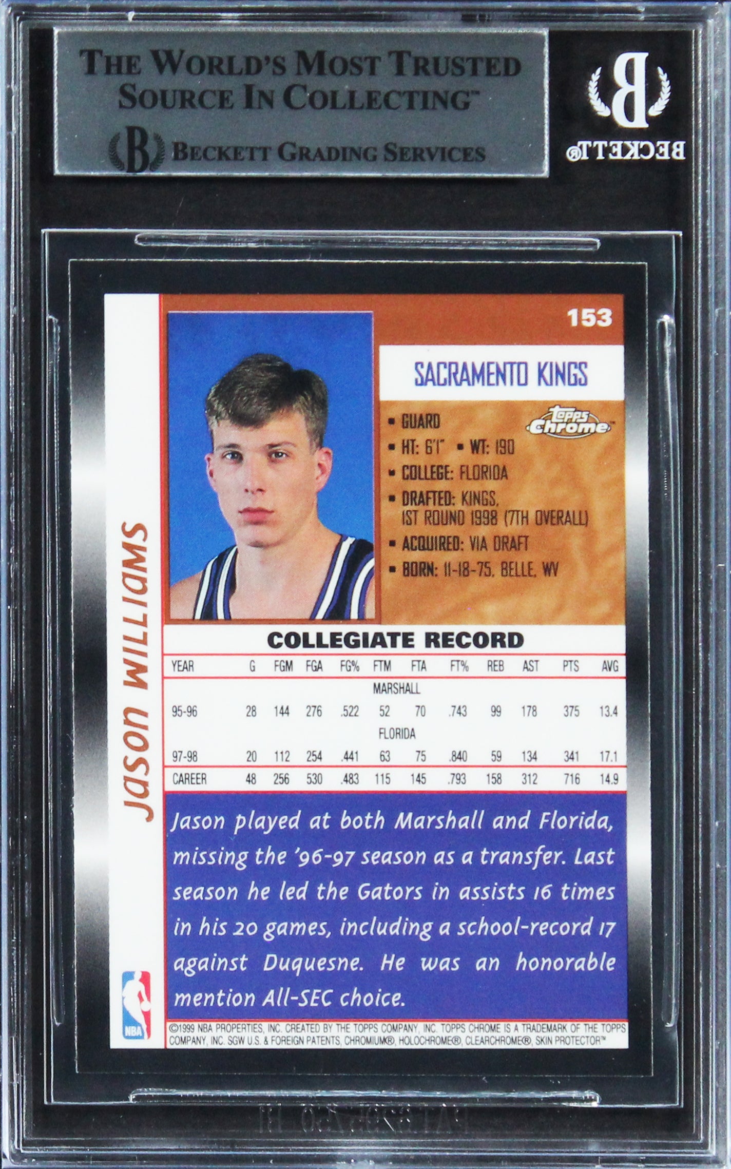 Kings Jason Williams Signed 1998 Topps Chrome #153 Rookie Card BAS Slabbed