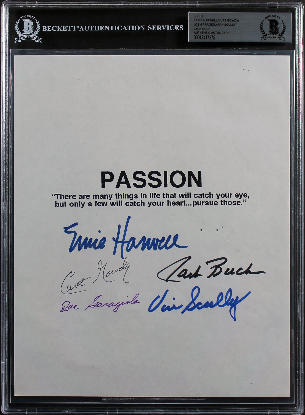 Broadcast Legends (5) Scully, Buck, Garagiola, +2 Signed 8x10 Sheet BAS Slabbed
