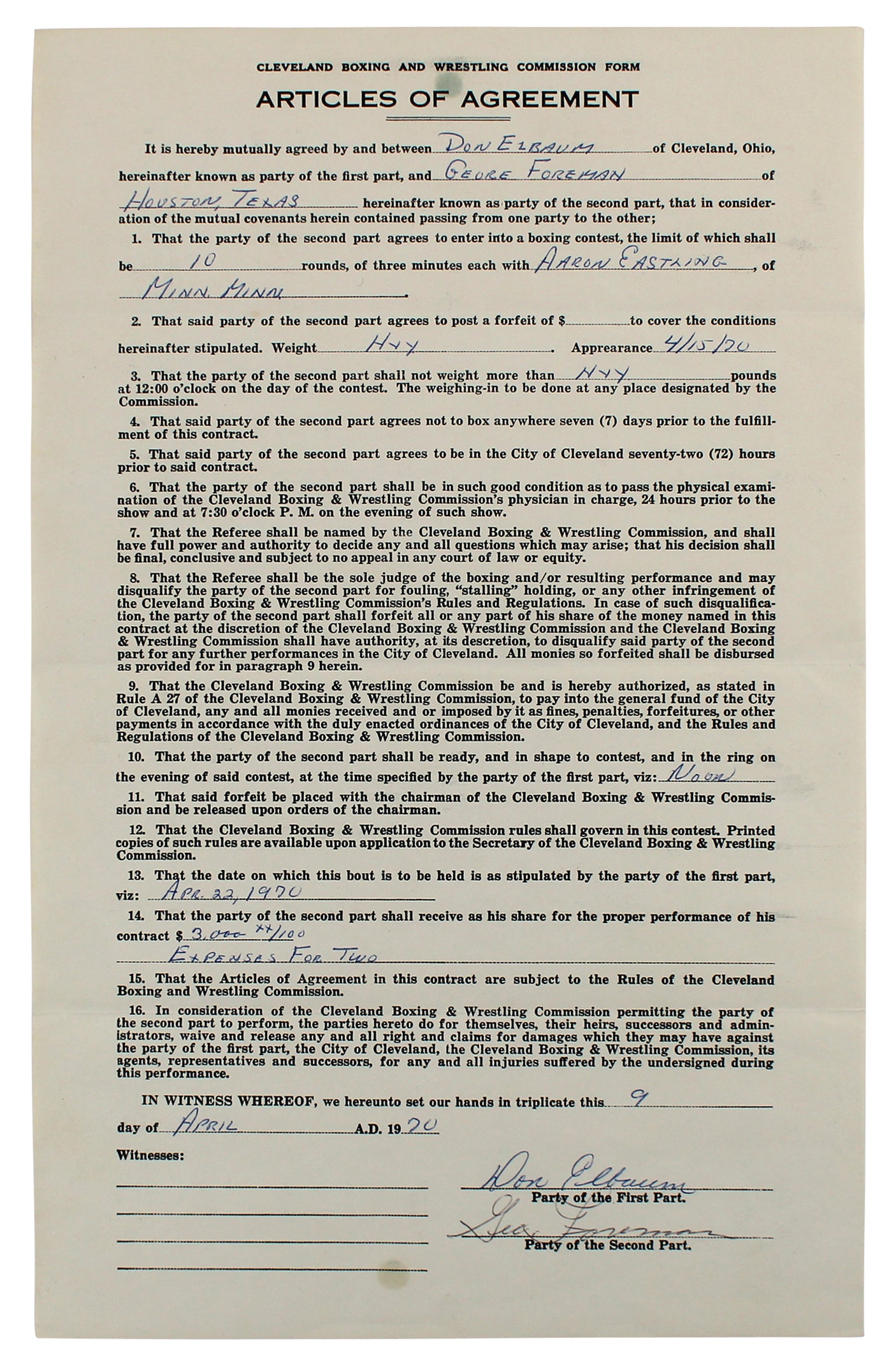 George Foreman & Aaron Eastling Signed 8.5x14 1970 2 Page Fight Contract BAS