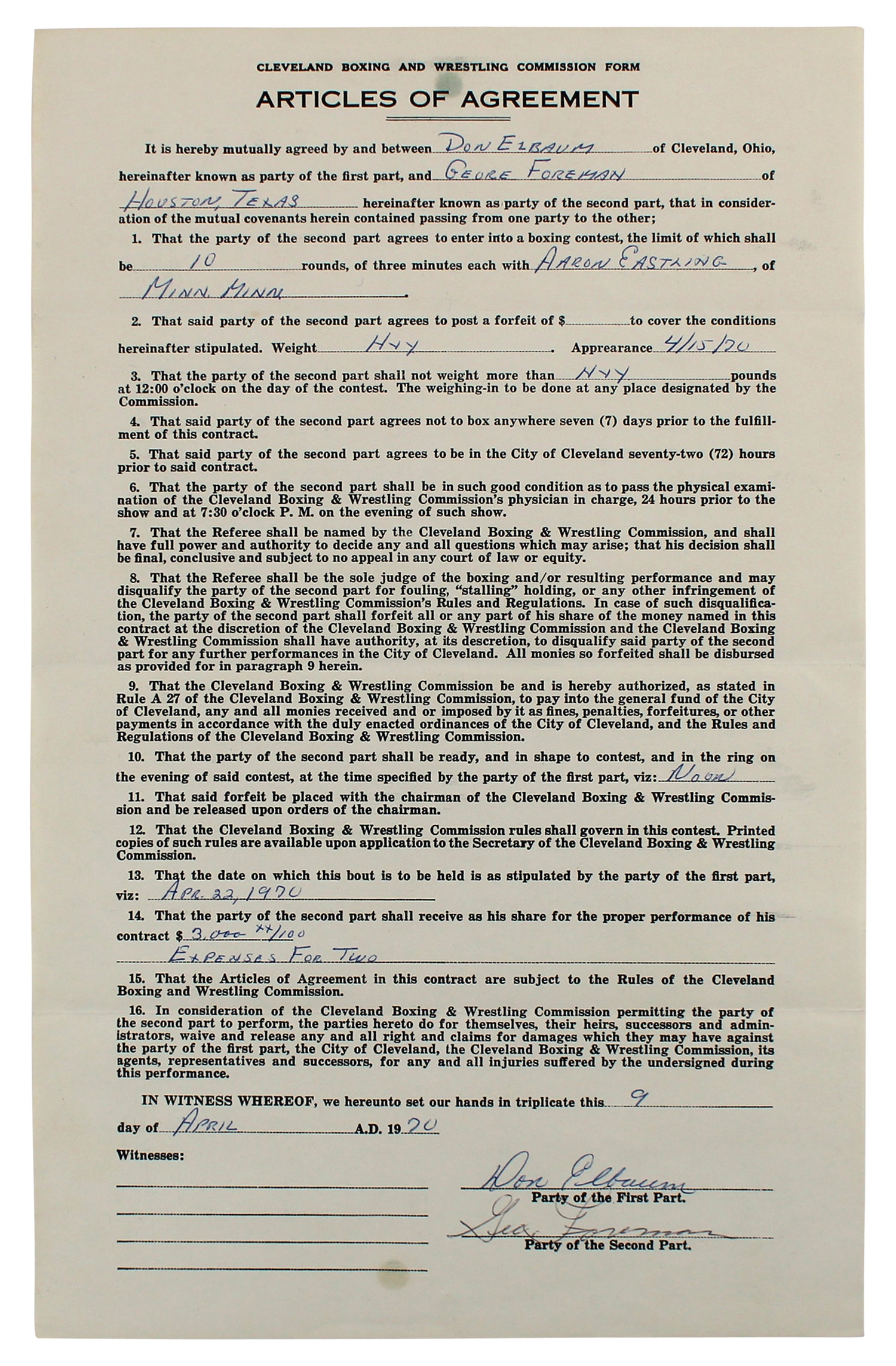 George Foreman & Aaron Eastling Signed 8.5x14 1970 2 Page Fight Contract BAS