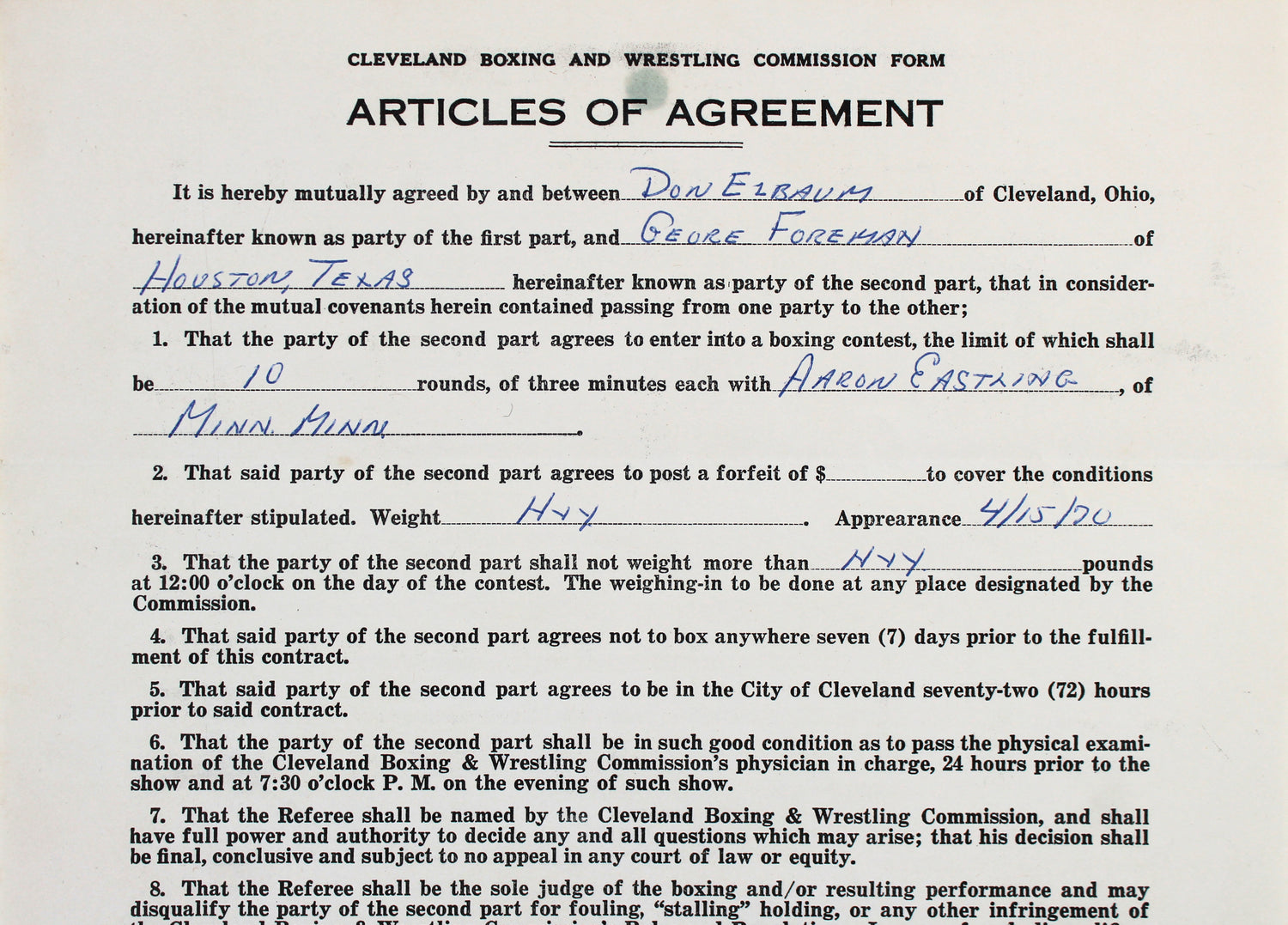 George Foreman & Aaron Eastling Signed 8.5x14 1970 2 Page Fight Contract BAS