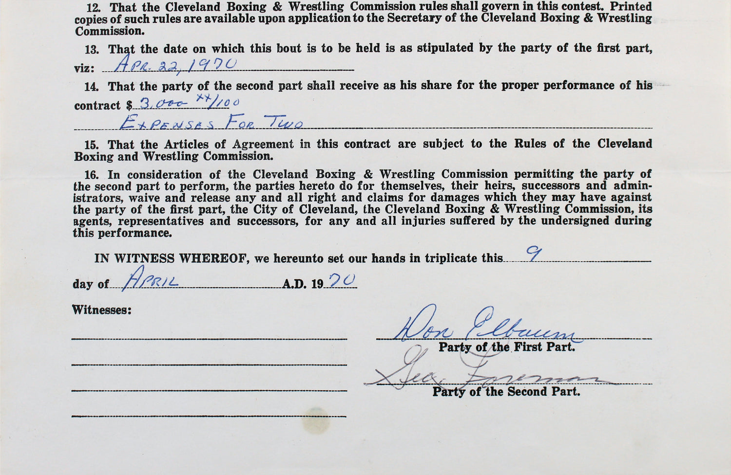 George Foreman & Aaron Eastling Signed 8.5x14 1970 2 Page Fight Contract BAS