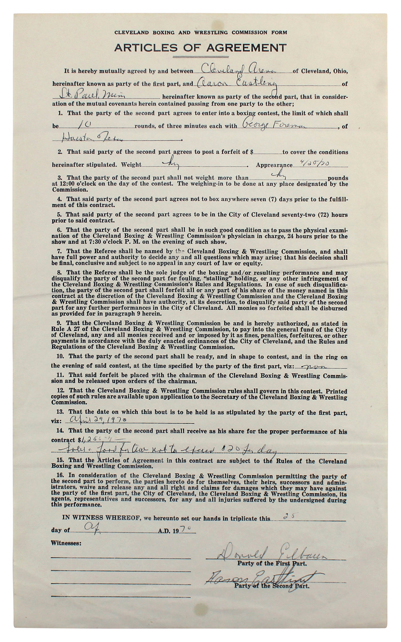 George Foreman & Aaron Eastling Signed 8.5x14 1970 2 Page Fight Contract BAS