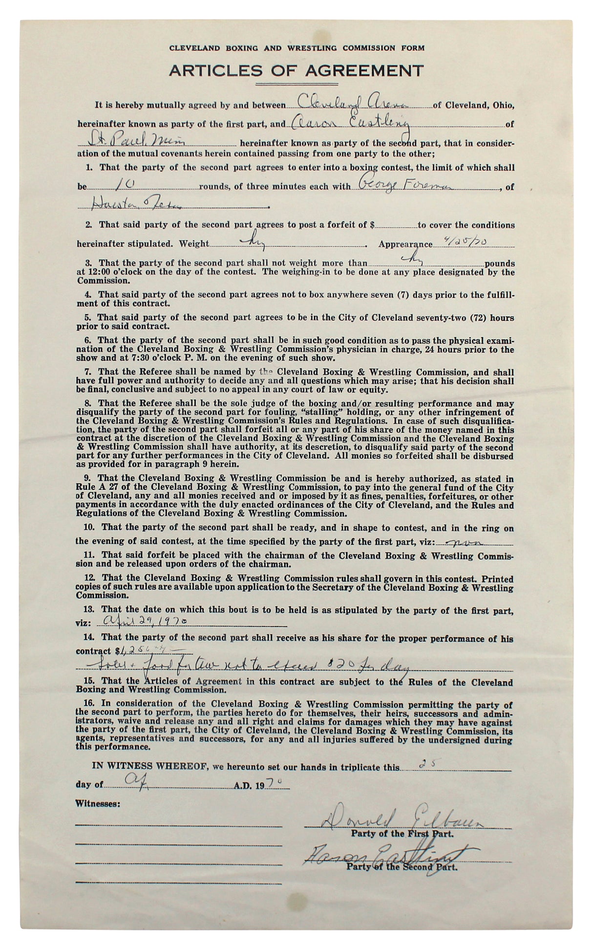 George Foreman & Aaron Eastling Signed 8.5x14 1970 2 Page Fight Contract BAS