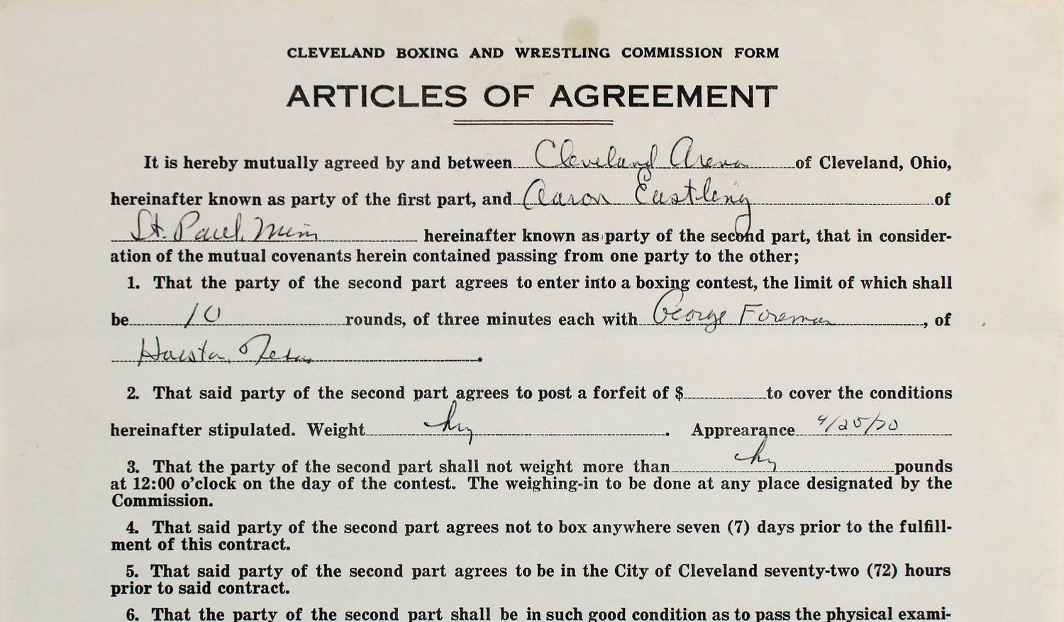 George Foreman & Aaron Eastling Signed 8.5x14 1970 2 Page Fight Contract BAS
