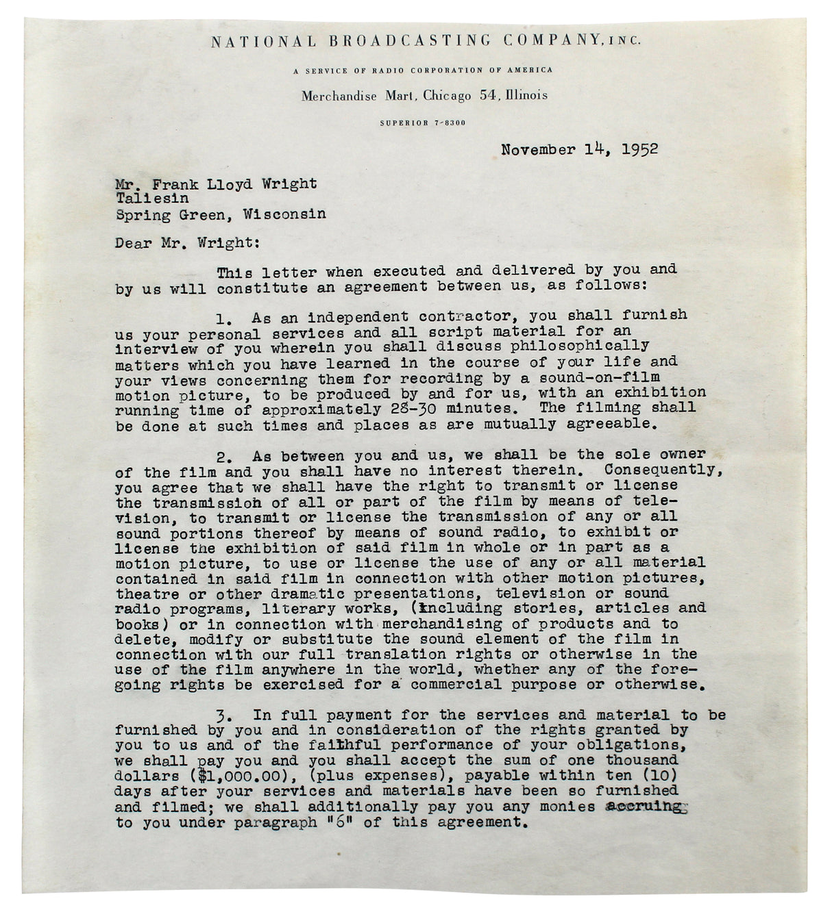 Frank Lloyd Wright Authentic 3x Signed 8.35x9.5 3 Page NBC Contract BAS #AB14681