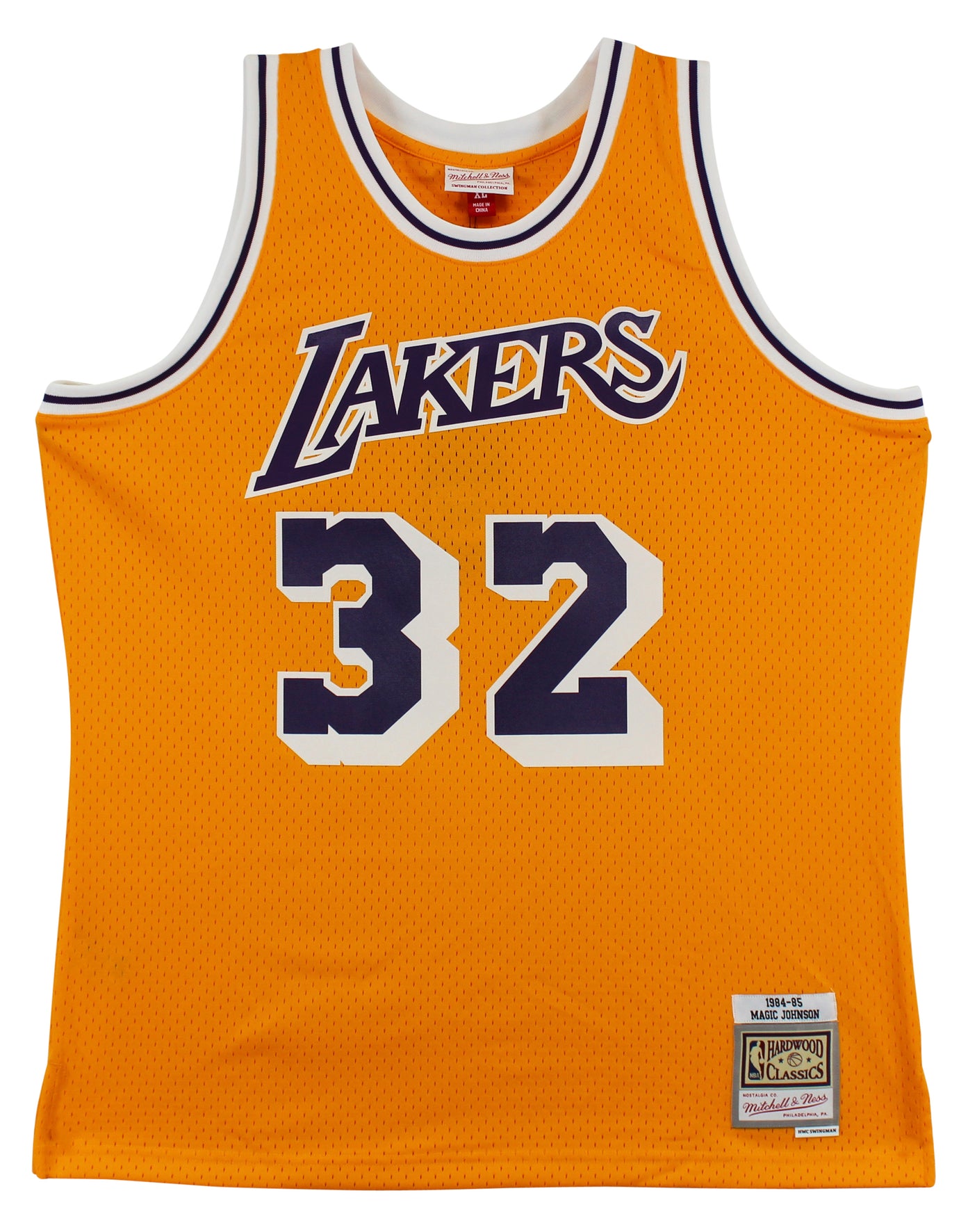Lakers Magic Johnson "#32" Signed 1984-85 M&N HWC Swingman Yellow Jersey BAS Wit