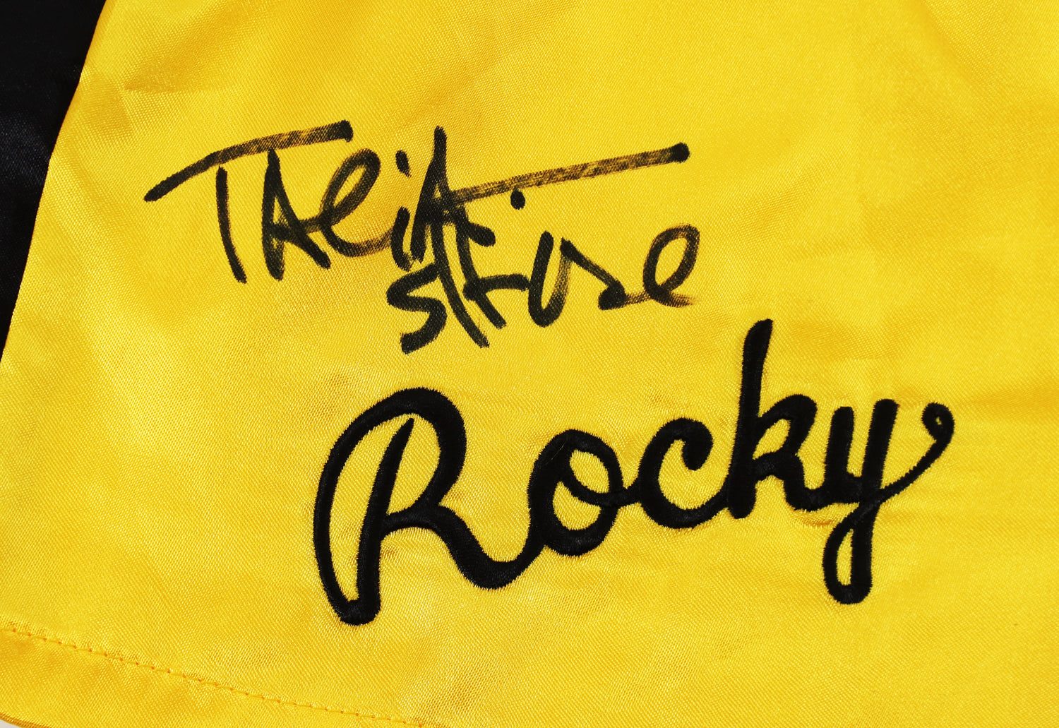 Sylvester Stallone & Talia Shire Signed Yellow Rocky Boxing Trunks BAS #AB14661