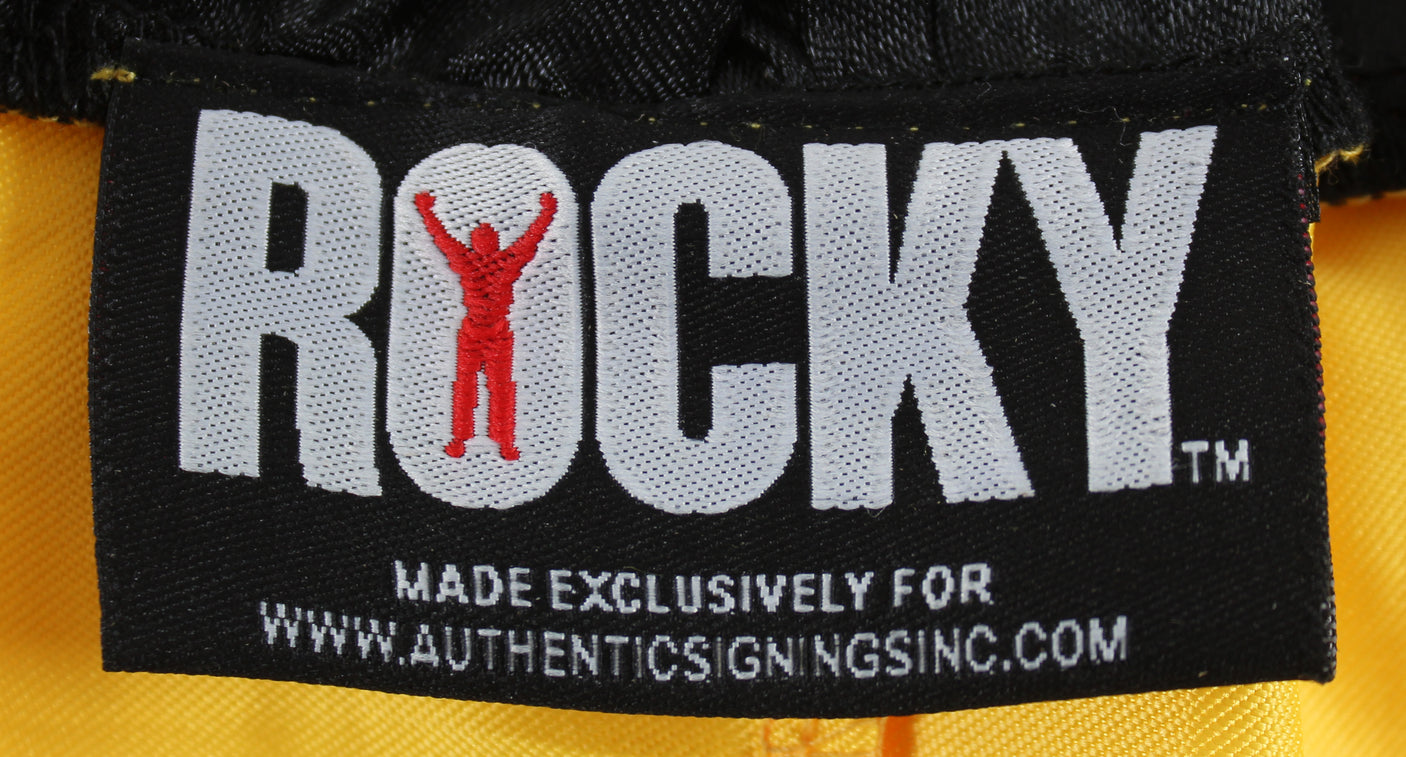 Sylvester Stallone & Talia Shire Signed Yellow Rocky Boxing Trunks BAS #AB14661