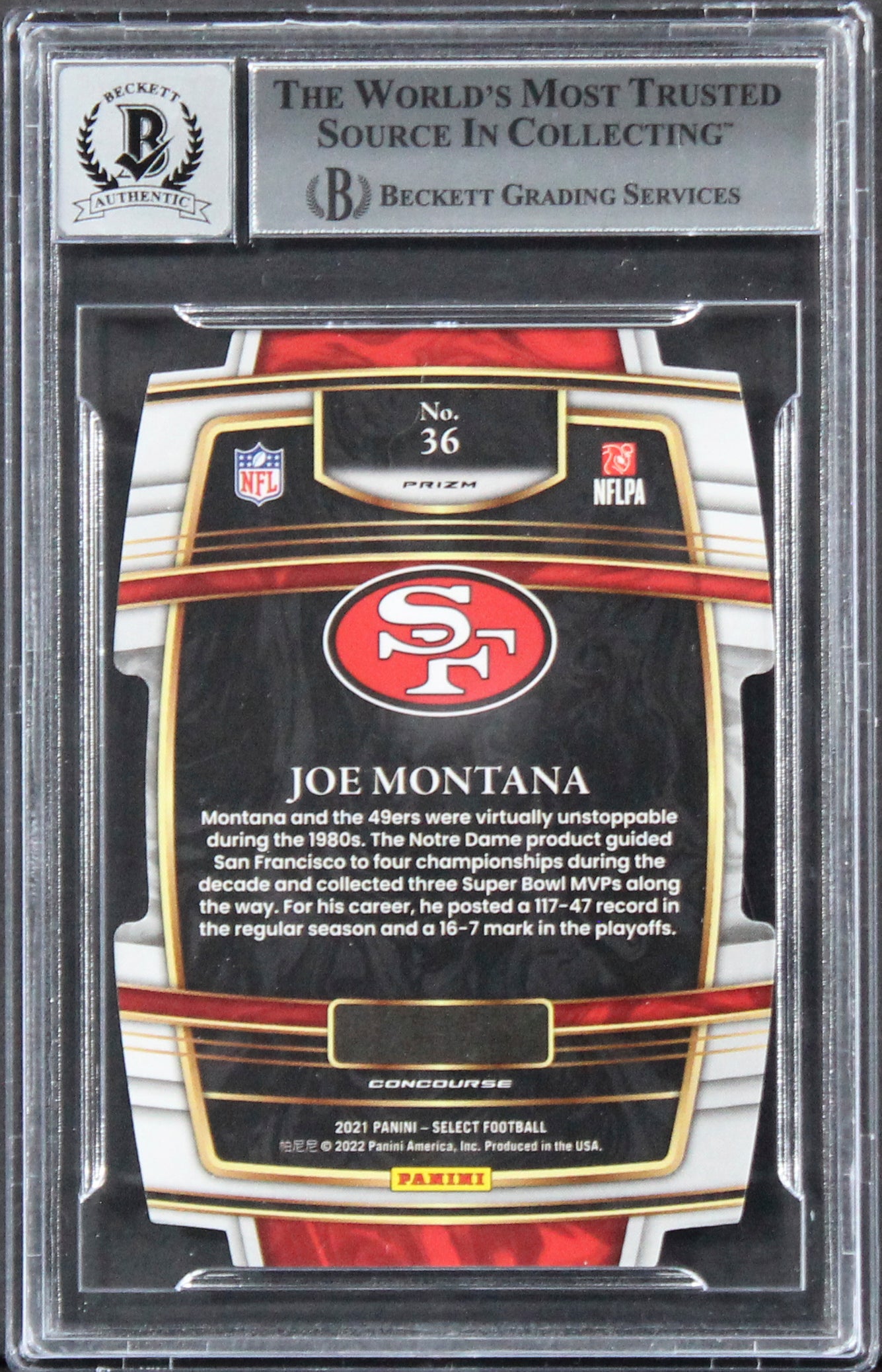 49ers Joe Montana Signed 2021 Select Prizm Silver #36 Card Auto 10! BAS Slabbed