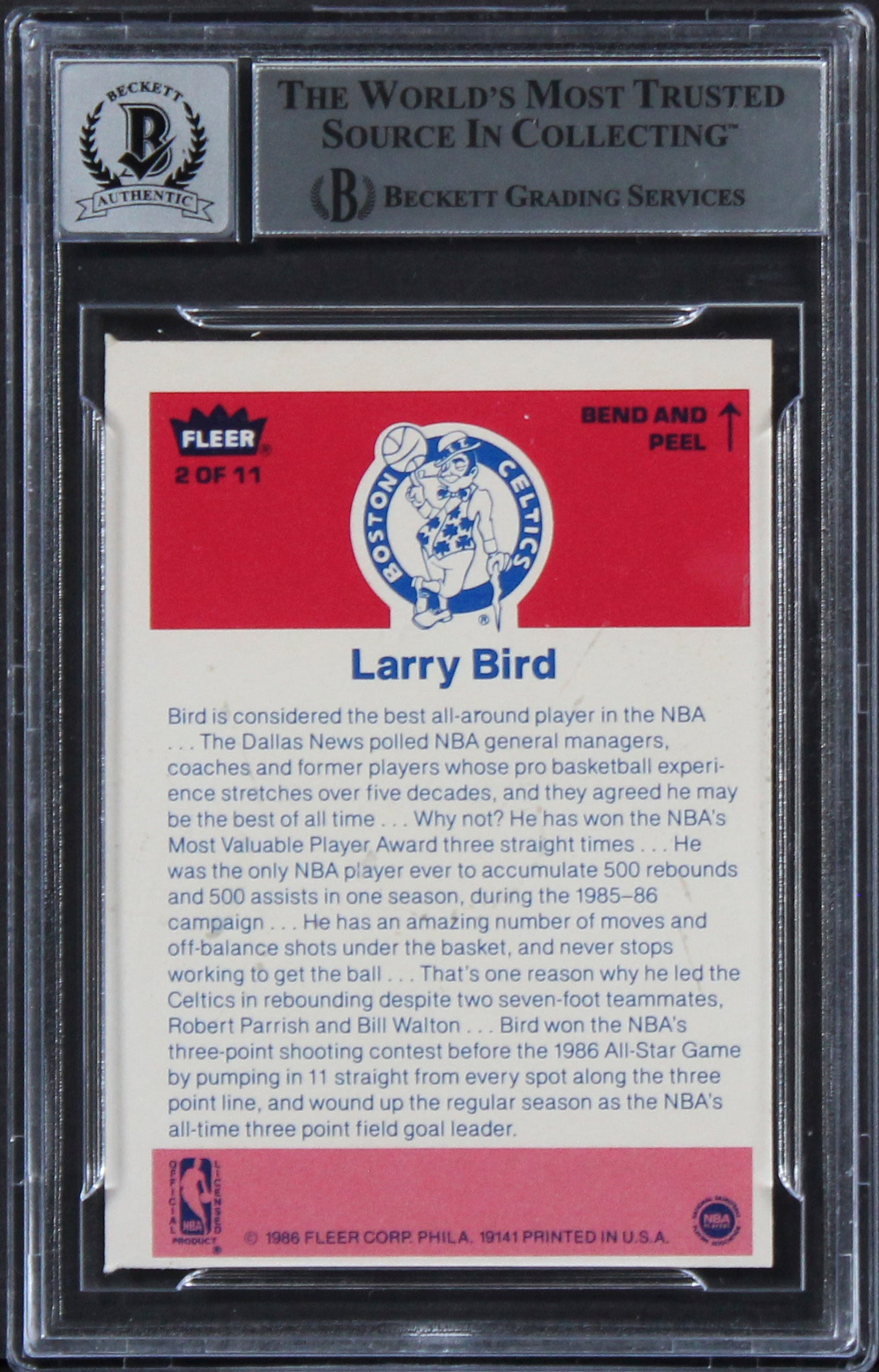 Celtics Larry Bird Signed 1986 Fleer Stickers #2 Card Auto 10! BAS Slabbed
