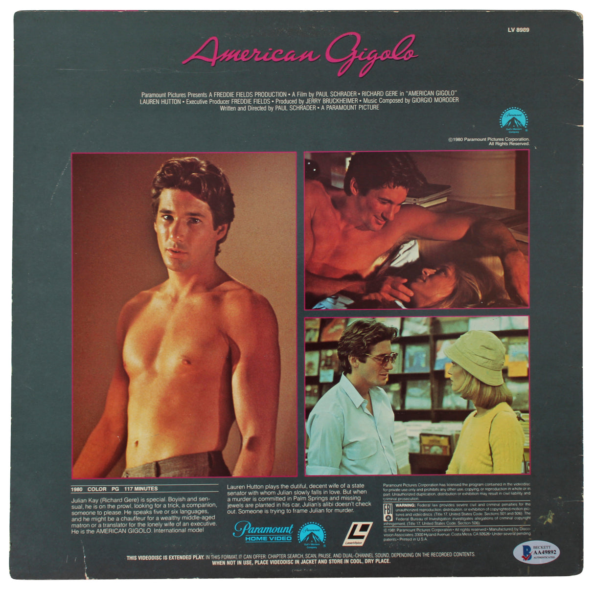 Richard Gere Signed American Gigolo Laserdisc Cover w/o Disk BAS #AA49892