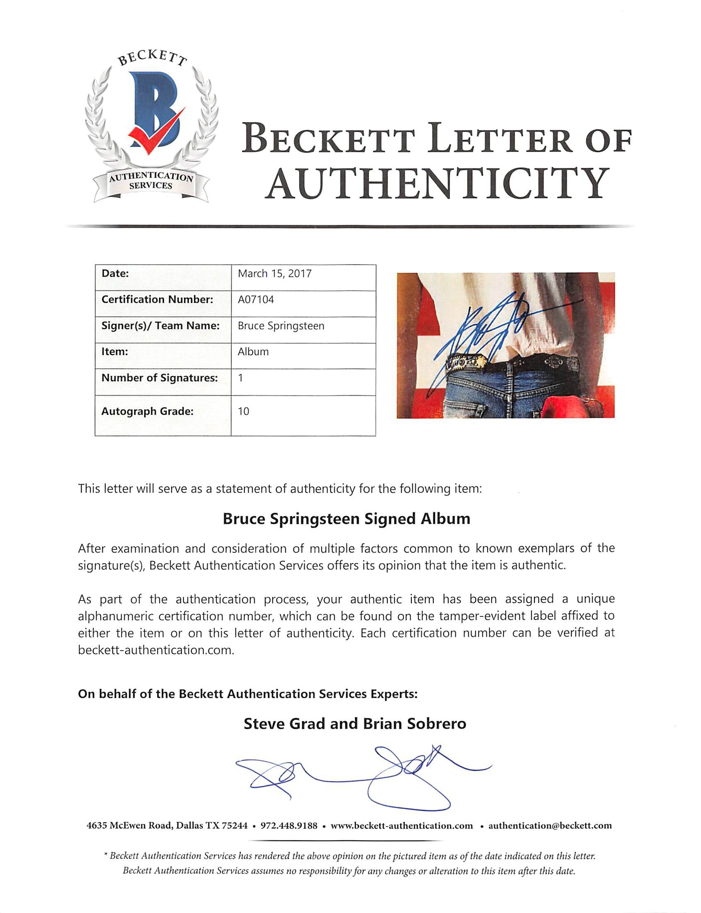 Bruce Springsteen Signed Born In The USA Album Cover Auto Grade 10! BAS #A07104