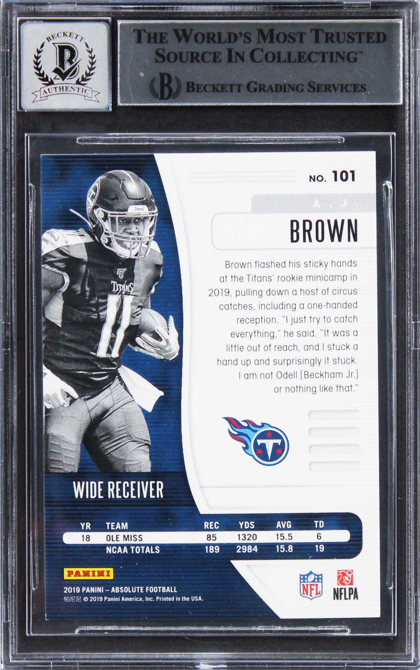 A.J. Brown Signed 2019 Absolute Spectrum #101 RC #42/100 Card Auto 10! BAS Slab
