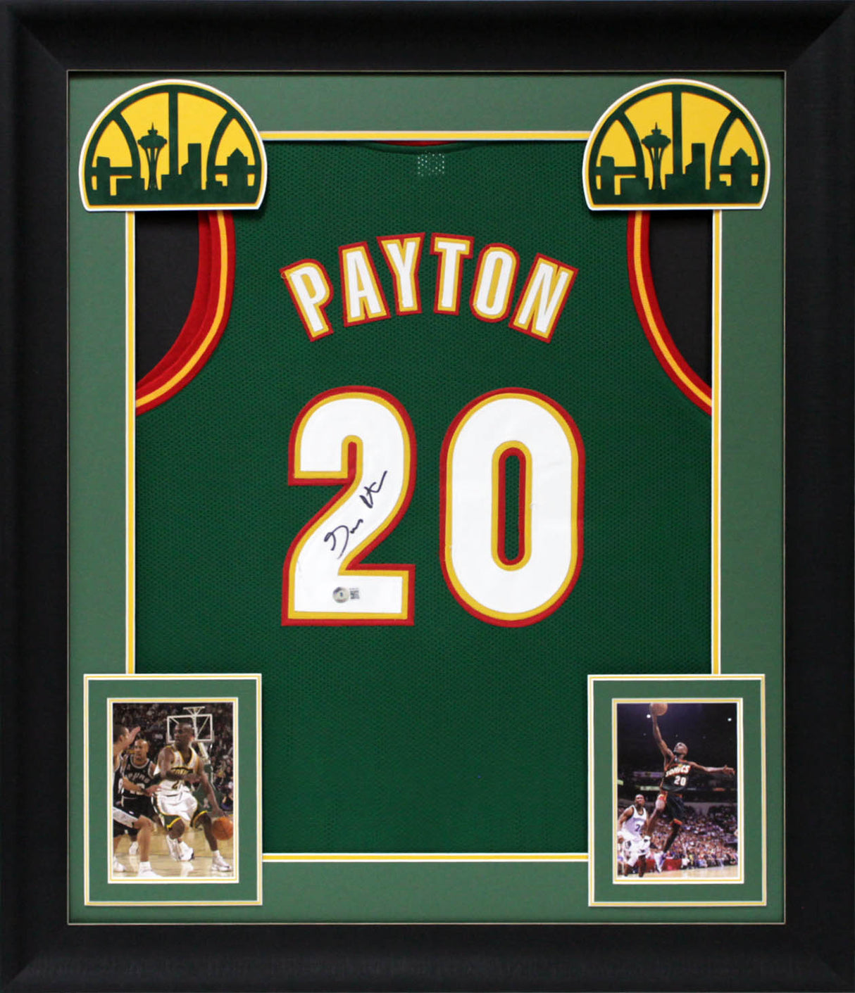 Gary Payton Authentic Signed Green Pro Style Framed Jersey w/ White #s BAS