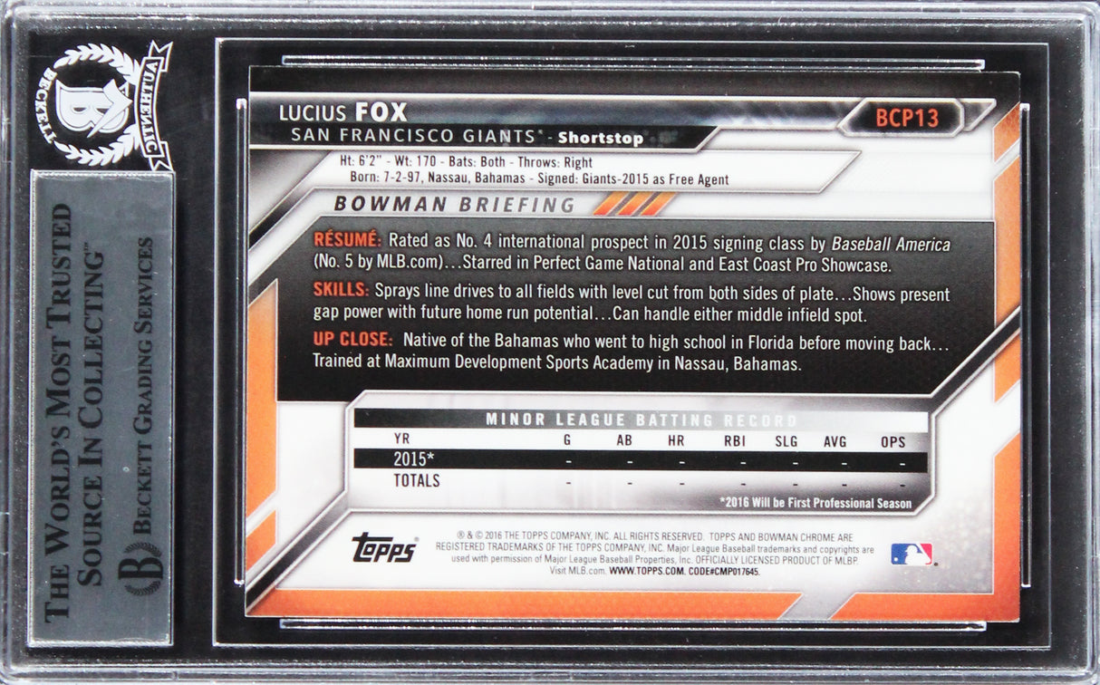 Giants Lucius Fox Signed 2016 Bowman Chrome Prospects #BCP13 Card BAS Slabbed