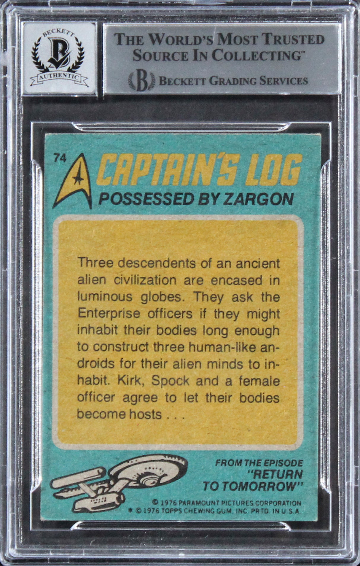 William Shatner Signed 1976 Topps Star Trek #74 Card Auto Graded 10! BAS Slabbed