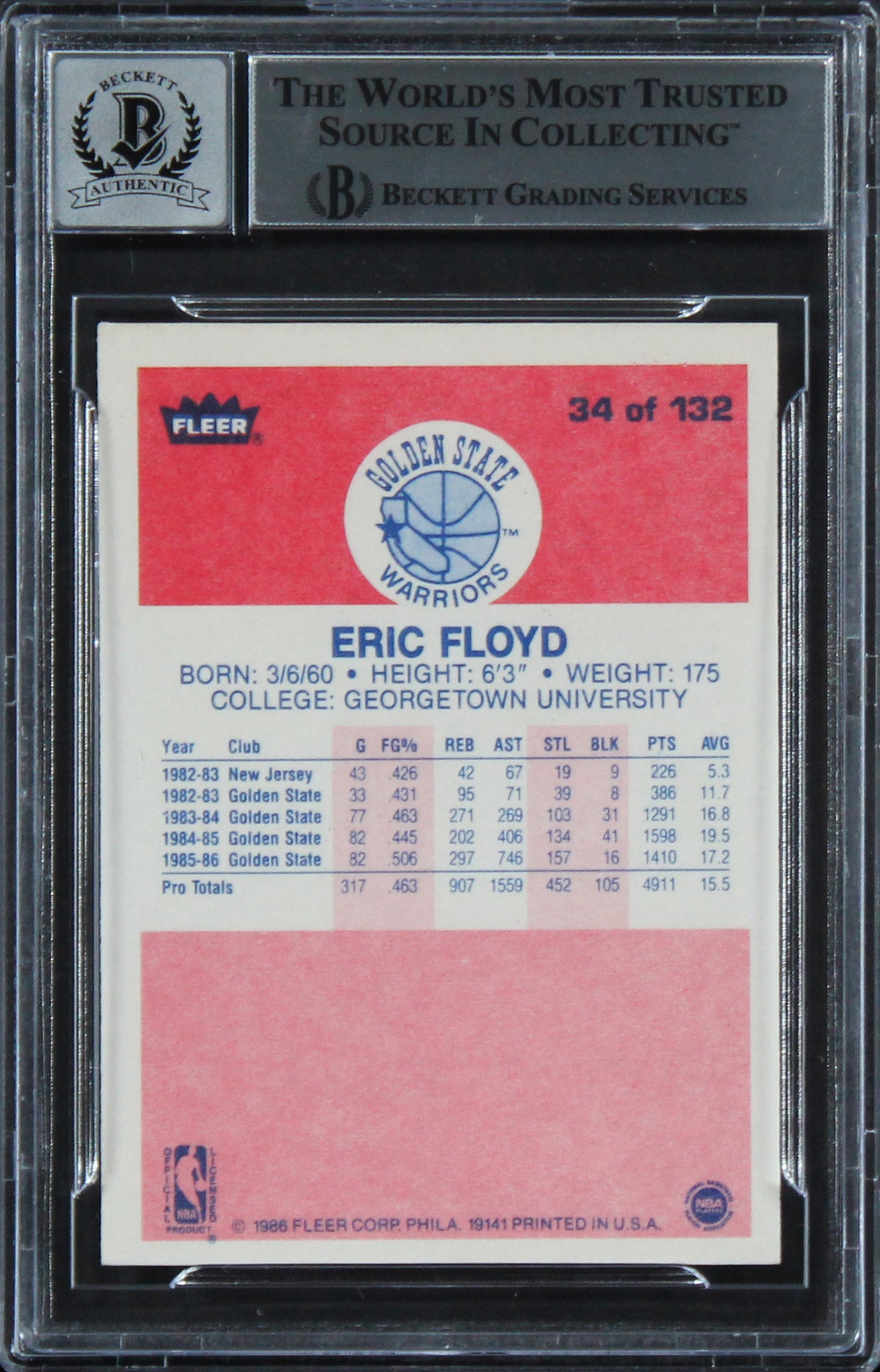 Warriors Eric "Sleepy" Floyd Signed 1986 Fleer #34 Card Auto 10! BAS Slabbed