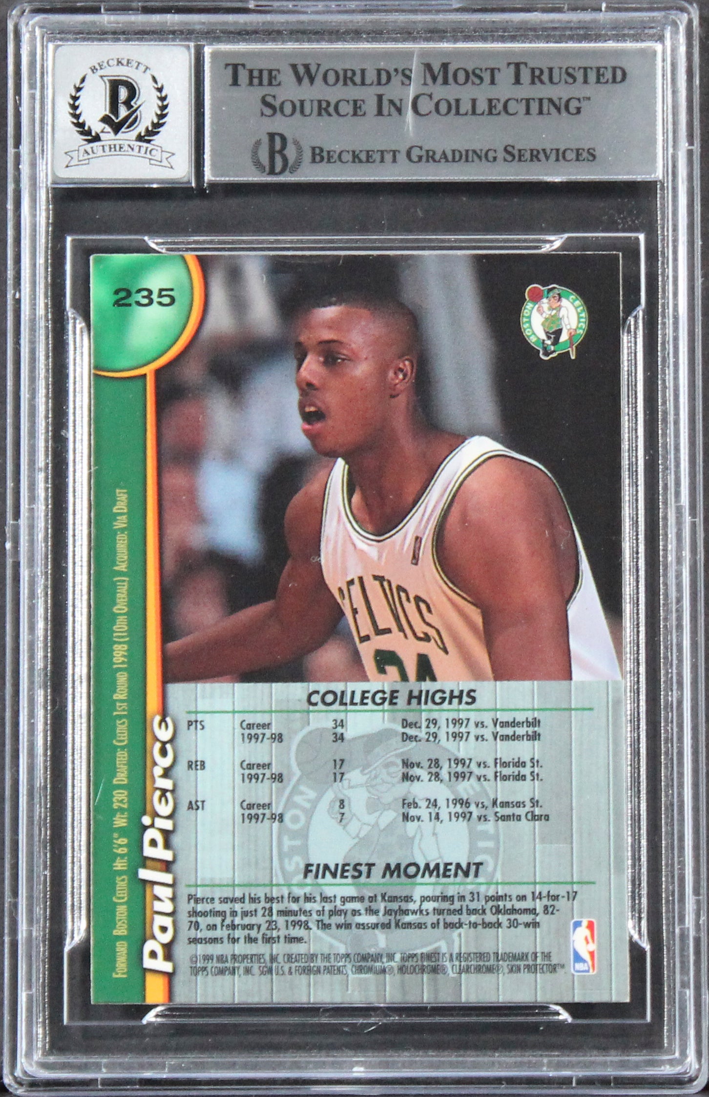 Celtics Paul Pierce Signed 1998 Finest #235 Rookie Card Auto 10! BAS Slabbed