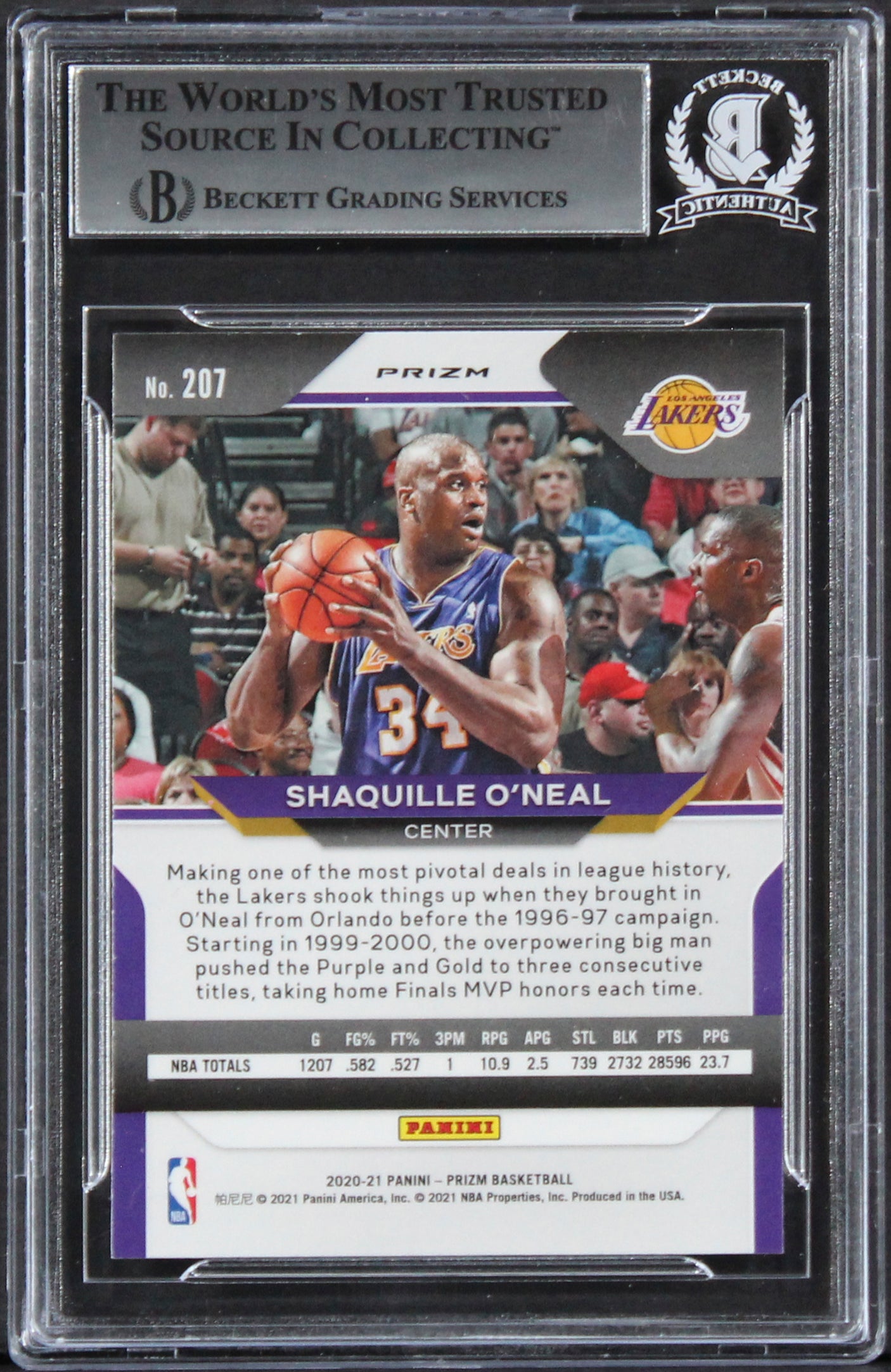 Lakers Shaquille O'Neal Signed 2020 Panini Prizm Silver #207 Card BAS Slabbed