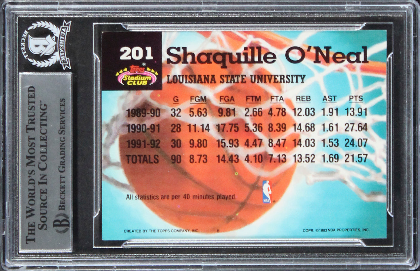 Magic Shaquille O'Neal Authentic Signed 1992 Stadium Club #201 Card BAS Slabbed