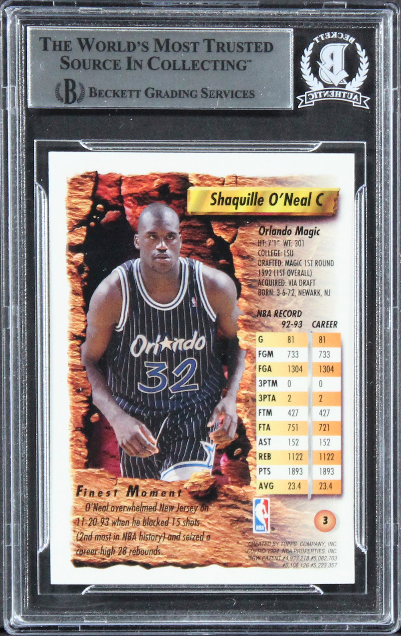 Magic Shaquille O'Neal Authentic Signed 1993 Finest #3 Card BAS Slabbed