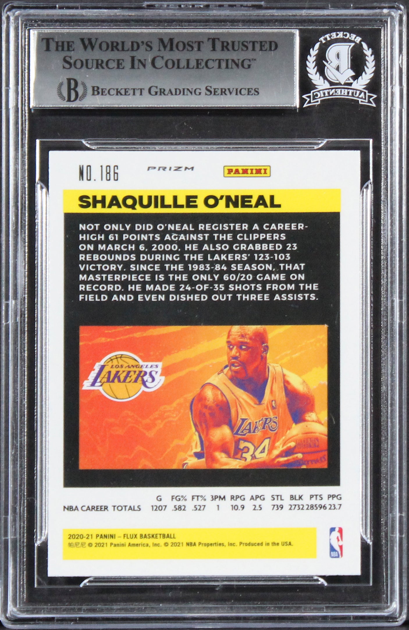 Lakers Shaquille O'Neal Authentic Signed 2020 Panini Flux #186 Card BAS Slabbed