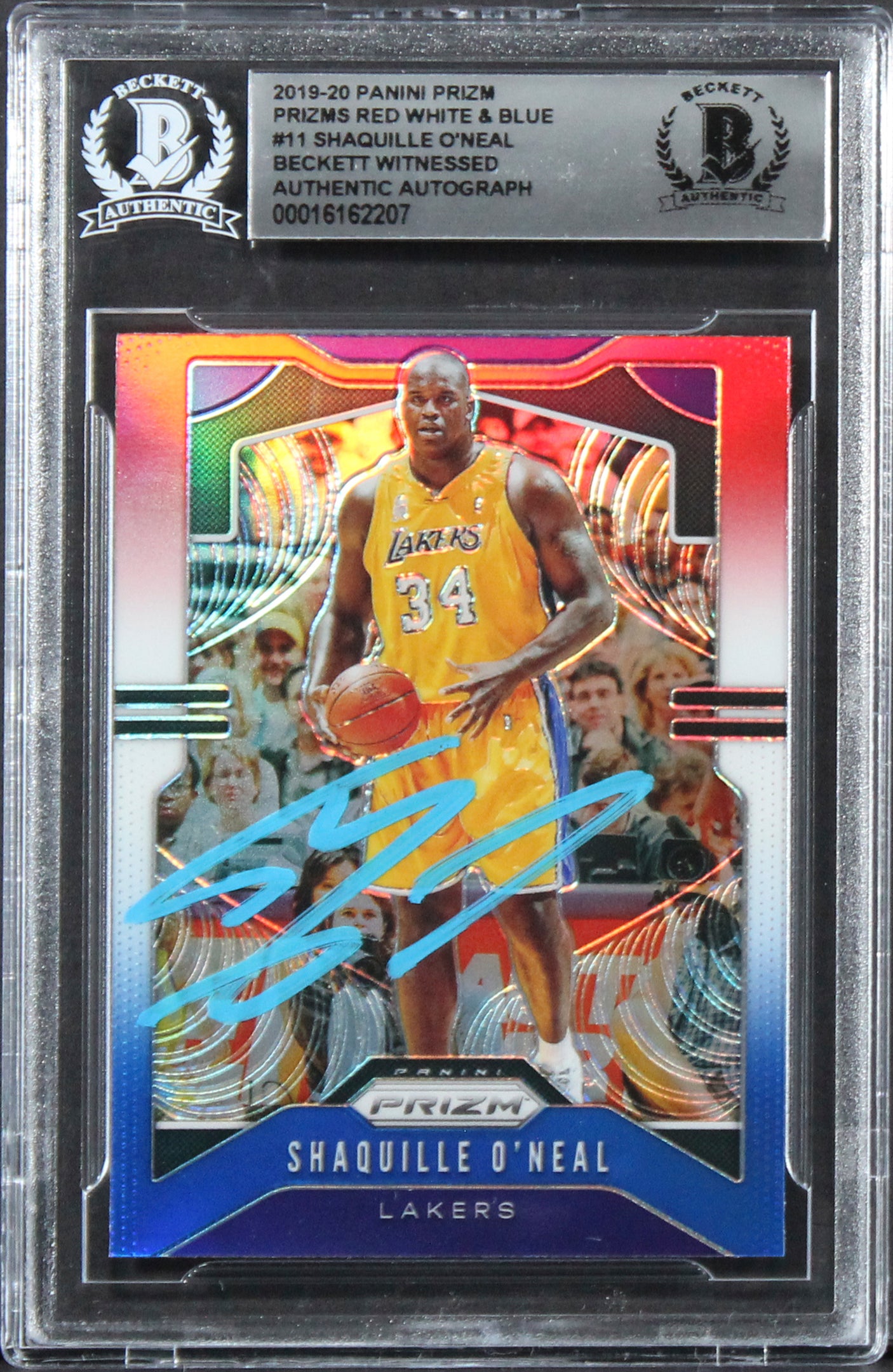 Lakers Shaquille O'Neal Signed 2019 Panini Prizm RW&B #11 Card BAS Slabbed