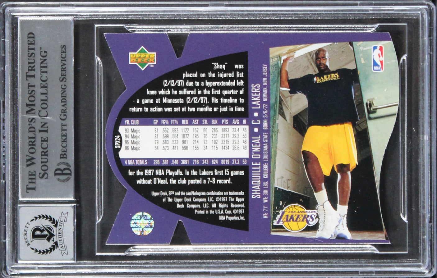 Lakers Shaquille O'Neal Authentic Signed 1997 SPX #24 Card Auto 10! BAS Slabbed