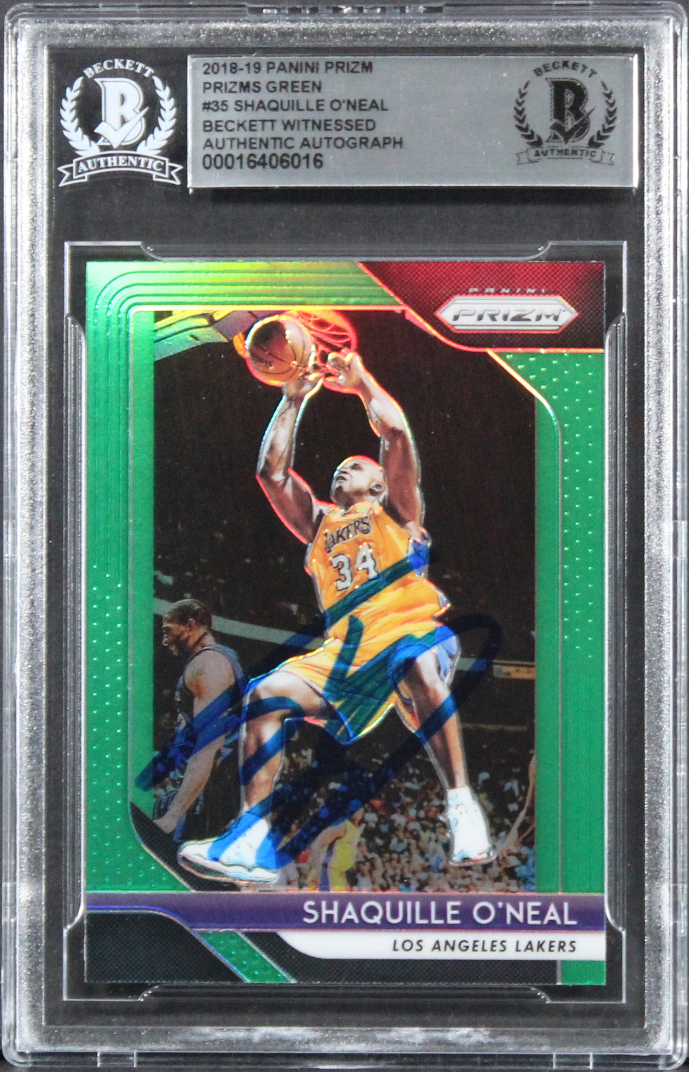 Lakers Shaquille O'Neal Signed 2018 Panini Prizm Green #35 Card BAS Slabbed