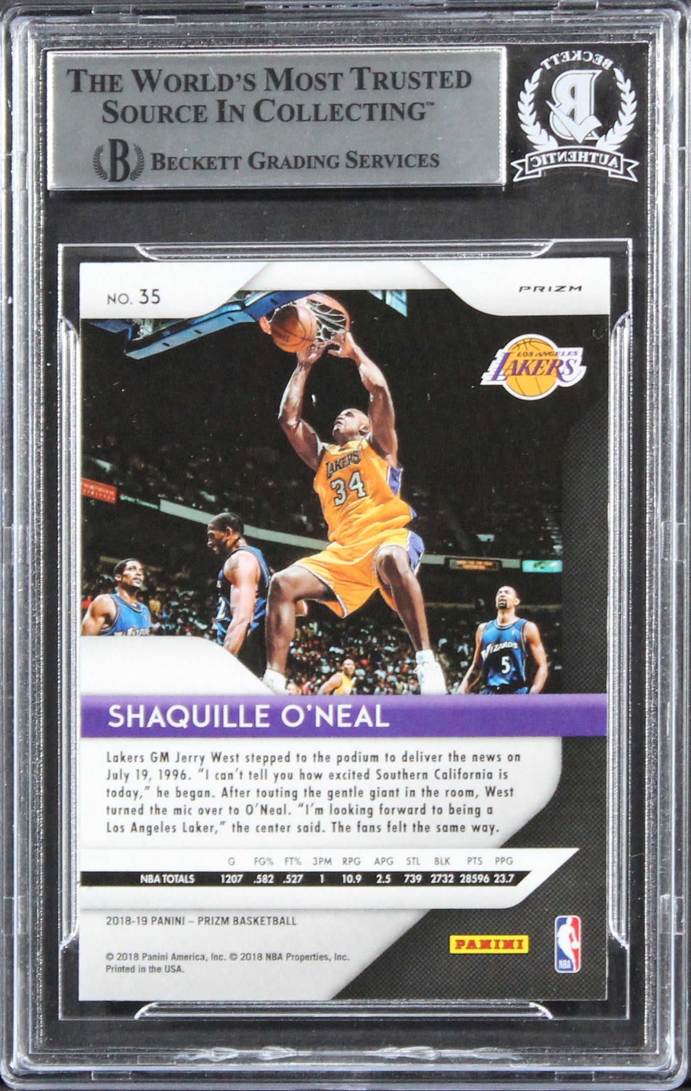 Lakers Shaquille O'Neal Signed 2018 Panini Prizm Green #35 Card BAS Slabbed