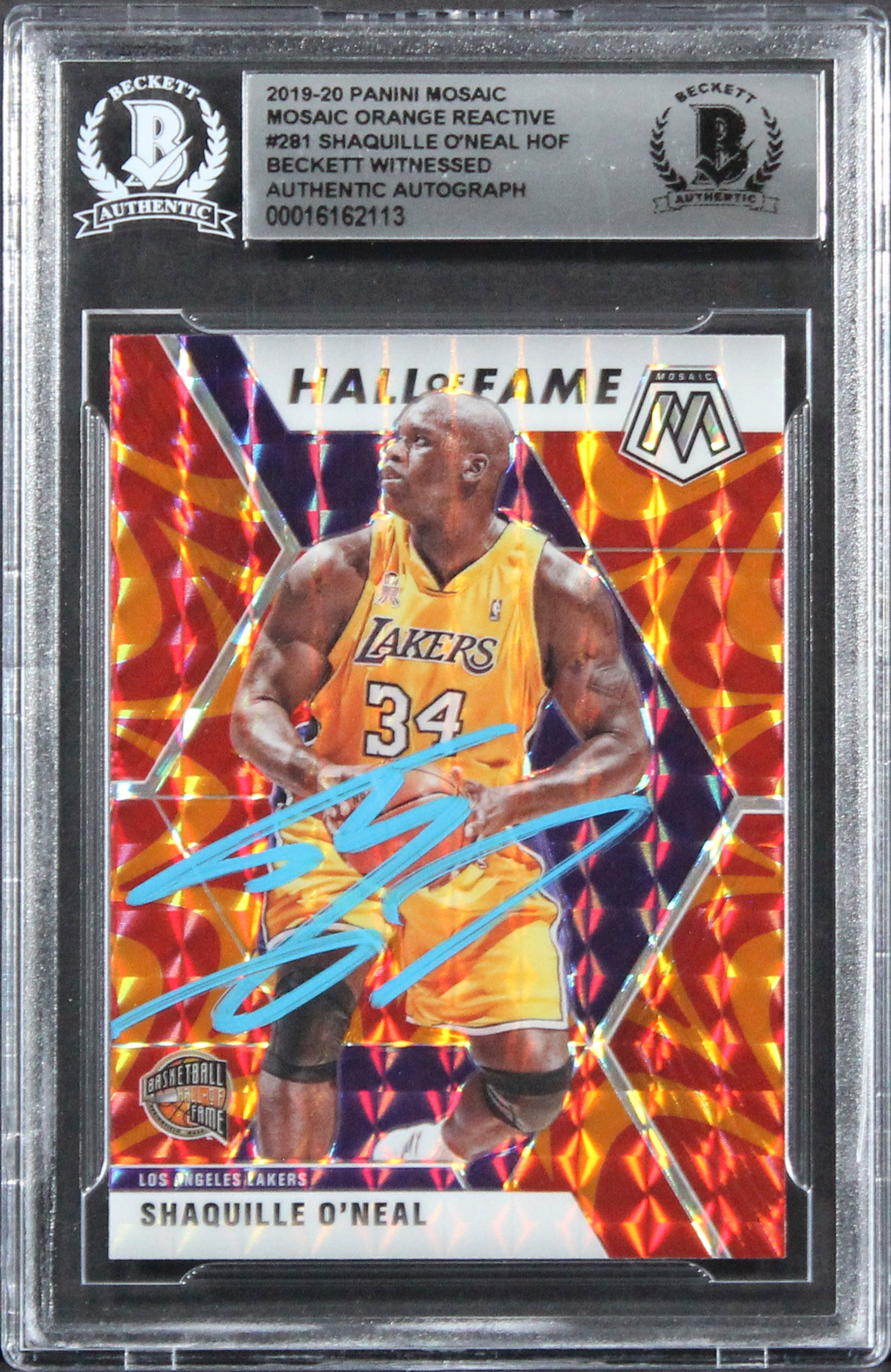 Lakers Shaquille O'Neal Signed 2019 Panini Mosaic OR #281 Card BAS Slabbed