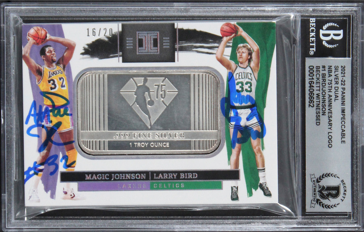 Magic Johnson Larry Bird Signed '21 Panini Silver #1 16/20 Card Auto 10 BAS Slab