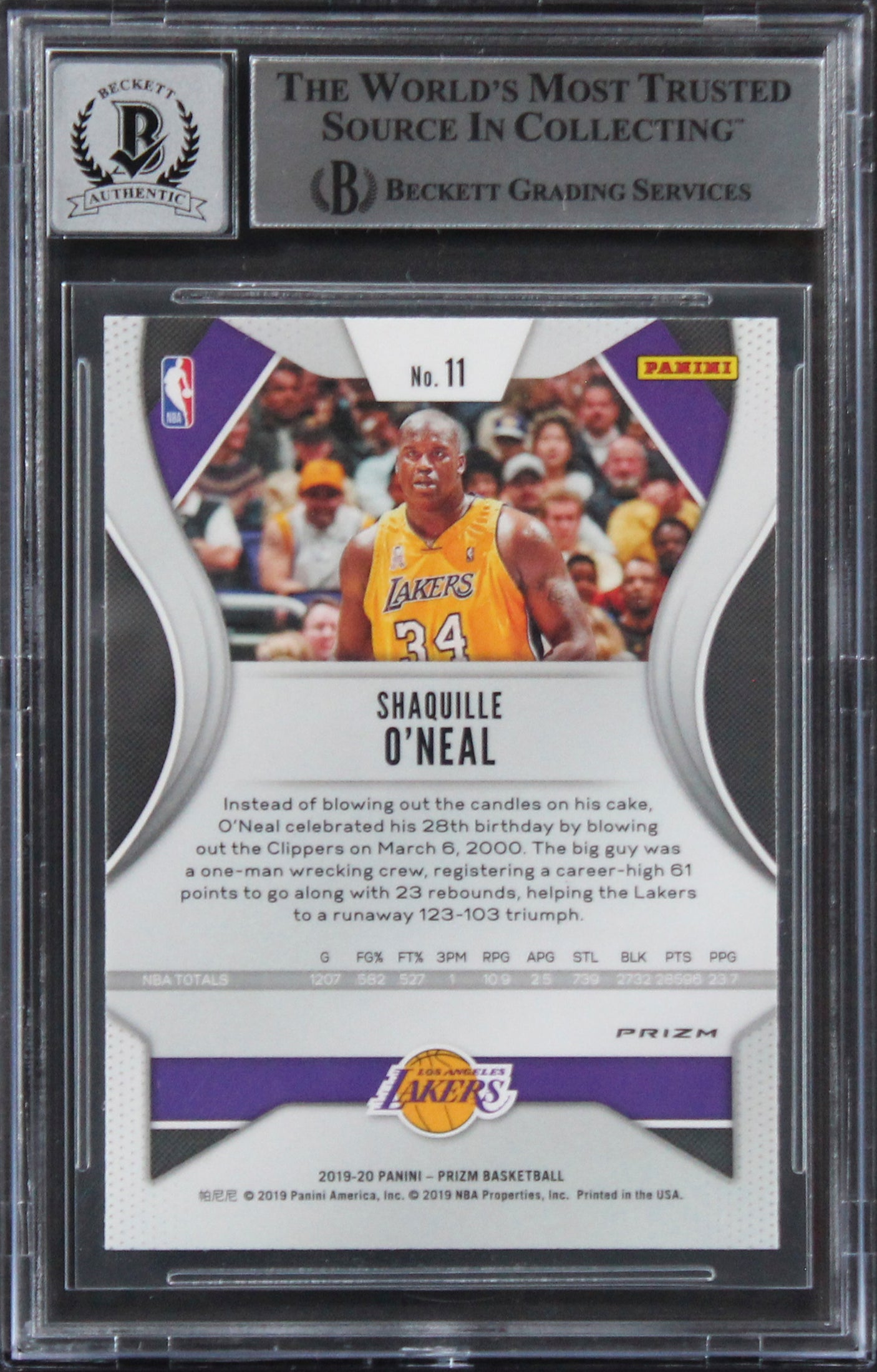 Lakers Shaquille O'Neal Signed 2019 Panini Prizm Hyper #11 Card Auto 10 BAS Slab