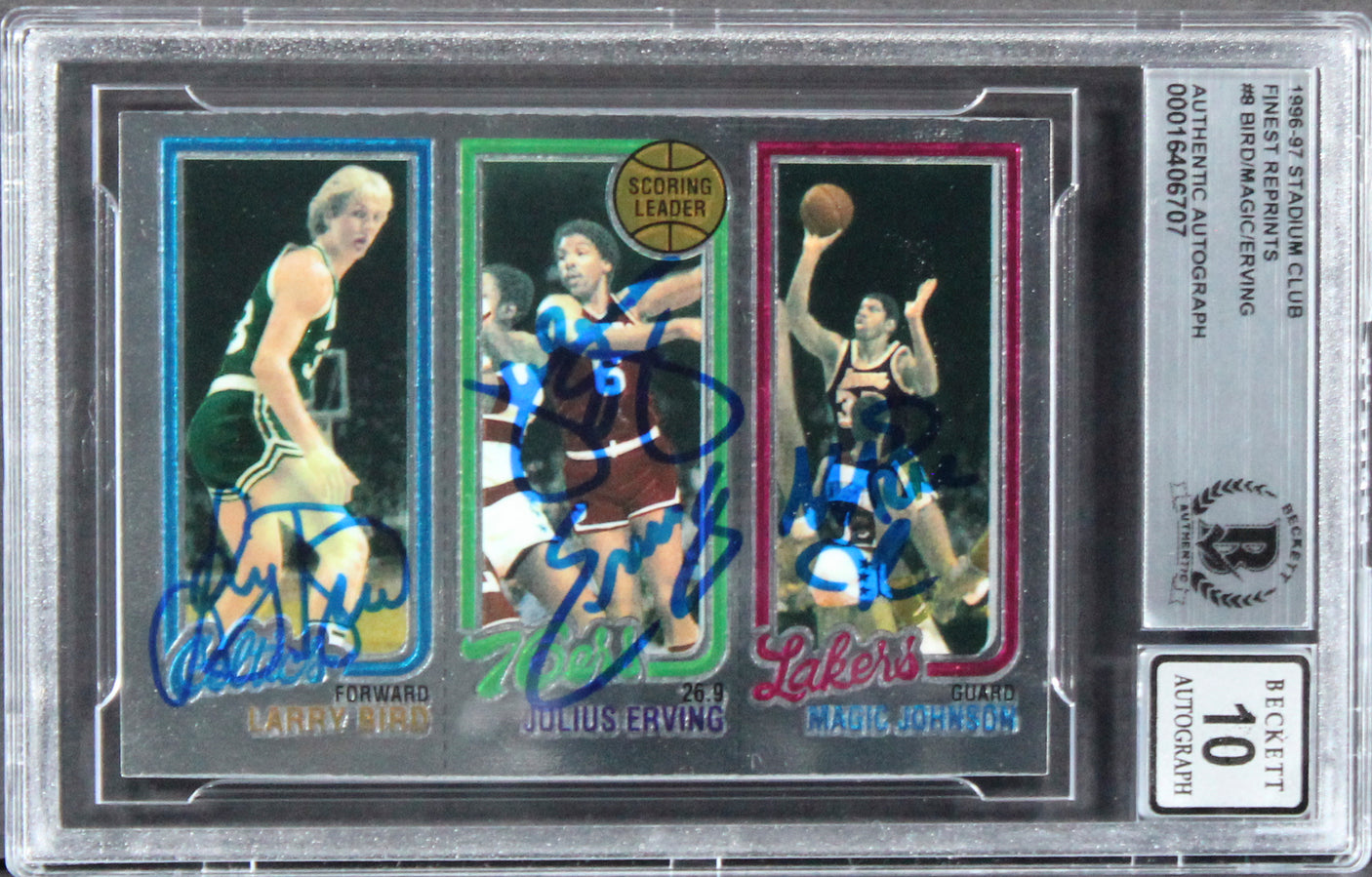 Bird, Erving & Magic Signed 1996 Stadium Club Finest Card Autos 10 BAS Slabbed 2