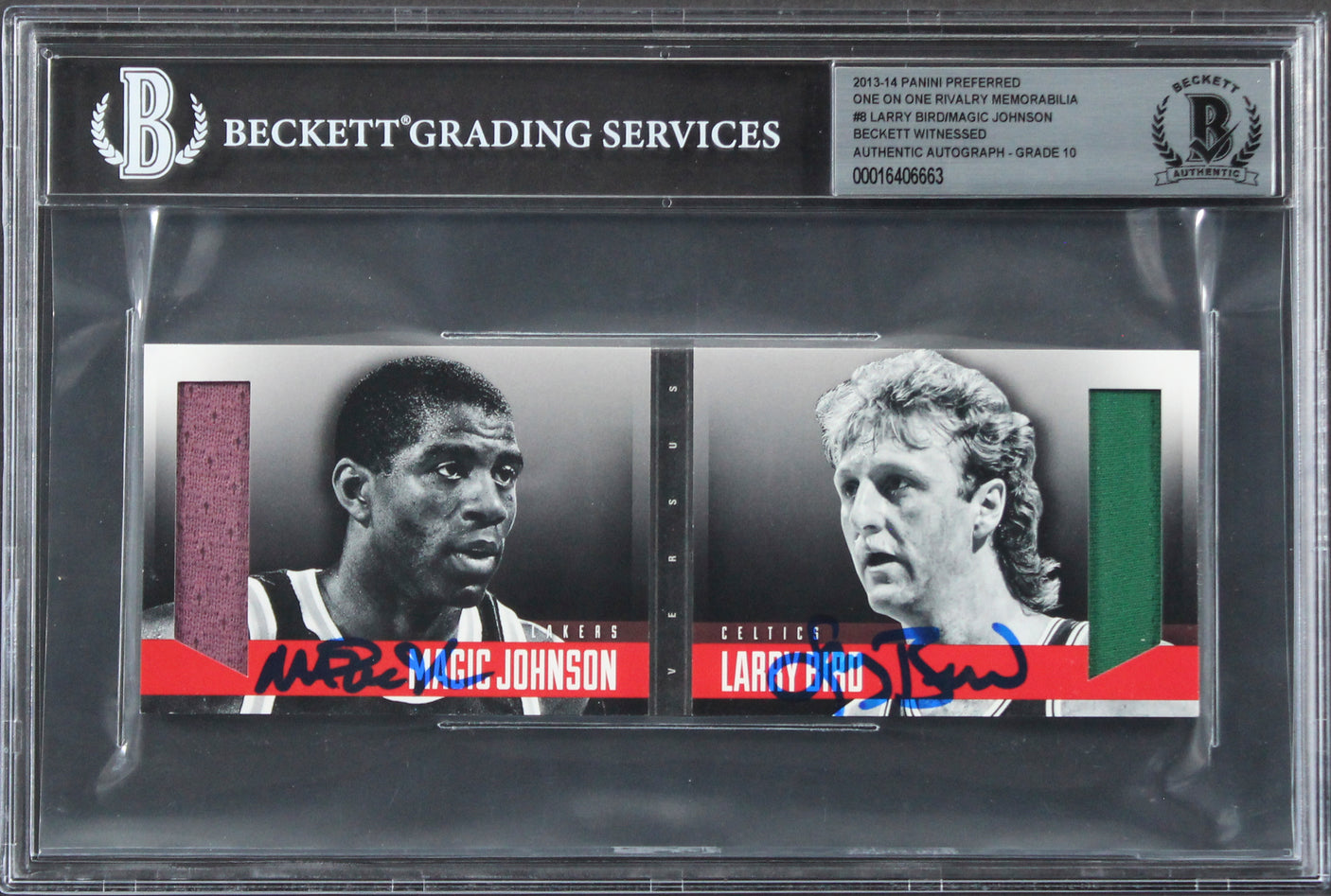 Larry Bird & Magic Johnson Signed 2013 Panini Preferred #8 Card Auto 10 BAS Slab