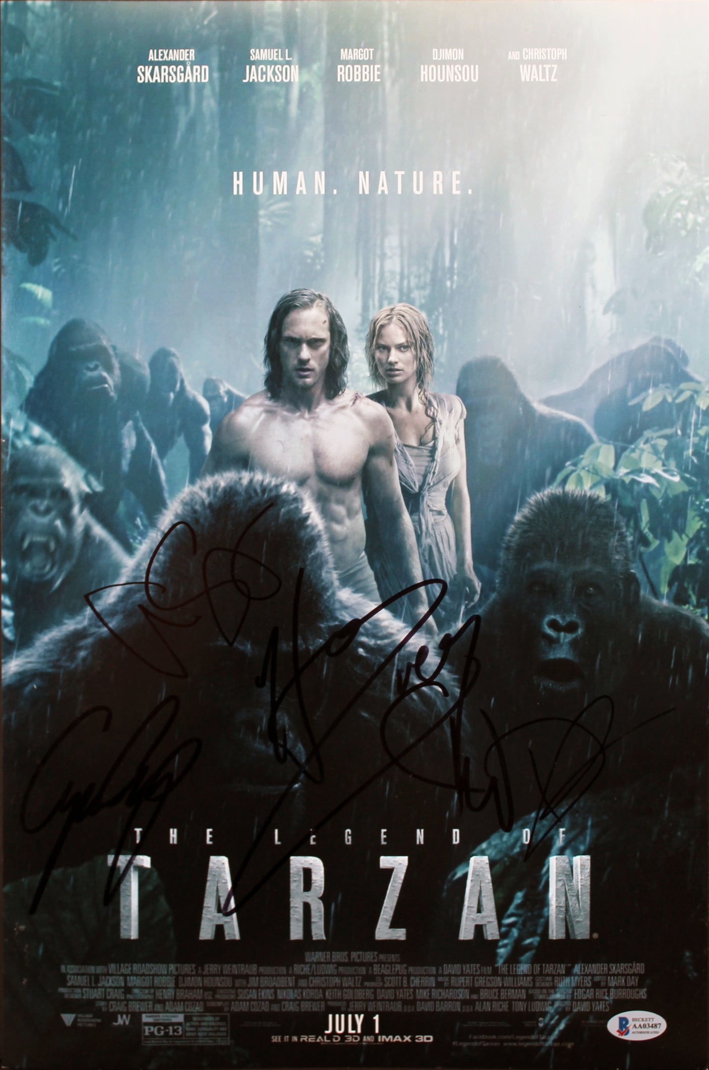The Legend of Tarzan (5) Skarsgard, Waltz, Crump, +2 Signed 12x18 Photo BAS