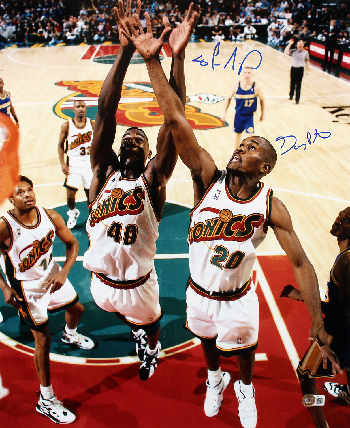 Sonics Gary Payton & Shawn Kemp Signed 16x20 Vertical Rebound Photo BAS Witness