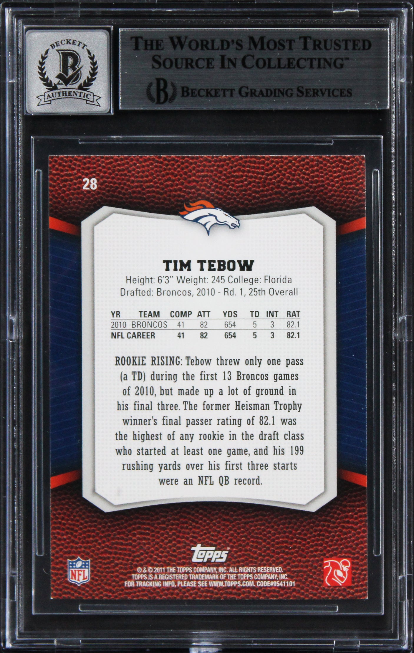 Broncos Tim Tebow Signed 2011 Topps Rising Rookies #28 Card Auto 10! BAS Slabbed