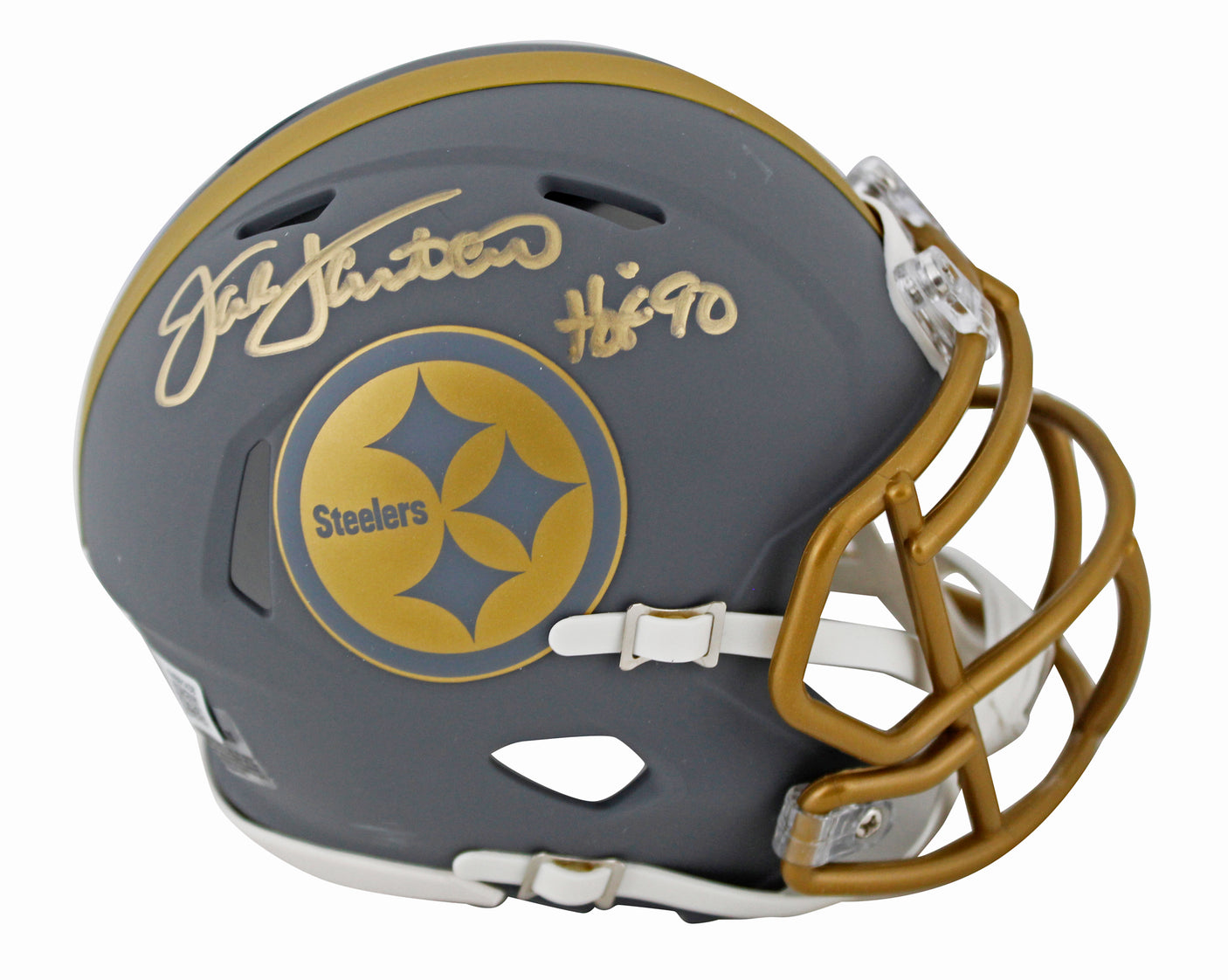 Steelers Jack Lambert "HOF 90" Signed Slate Speed Mini Helmet W/ Case BAS Wit