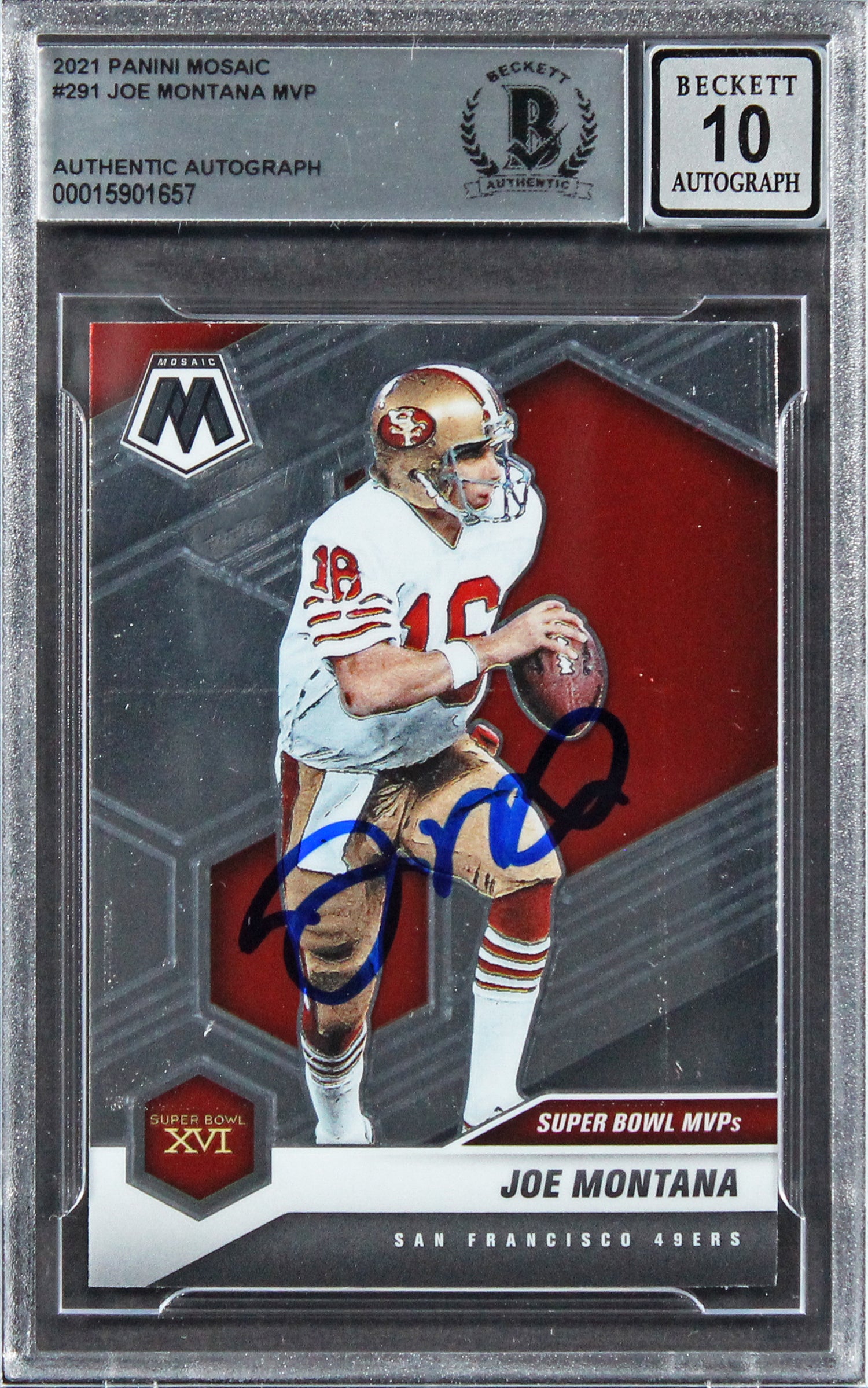 49ers Joe Montana Signed 2021 Panini Mosaic #291 MVP Card Auto 10! BAS Slabbed